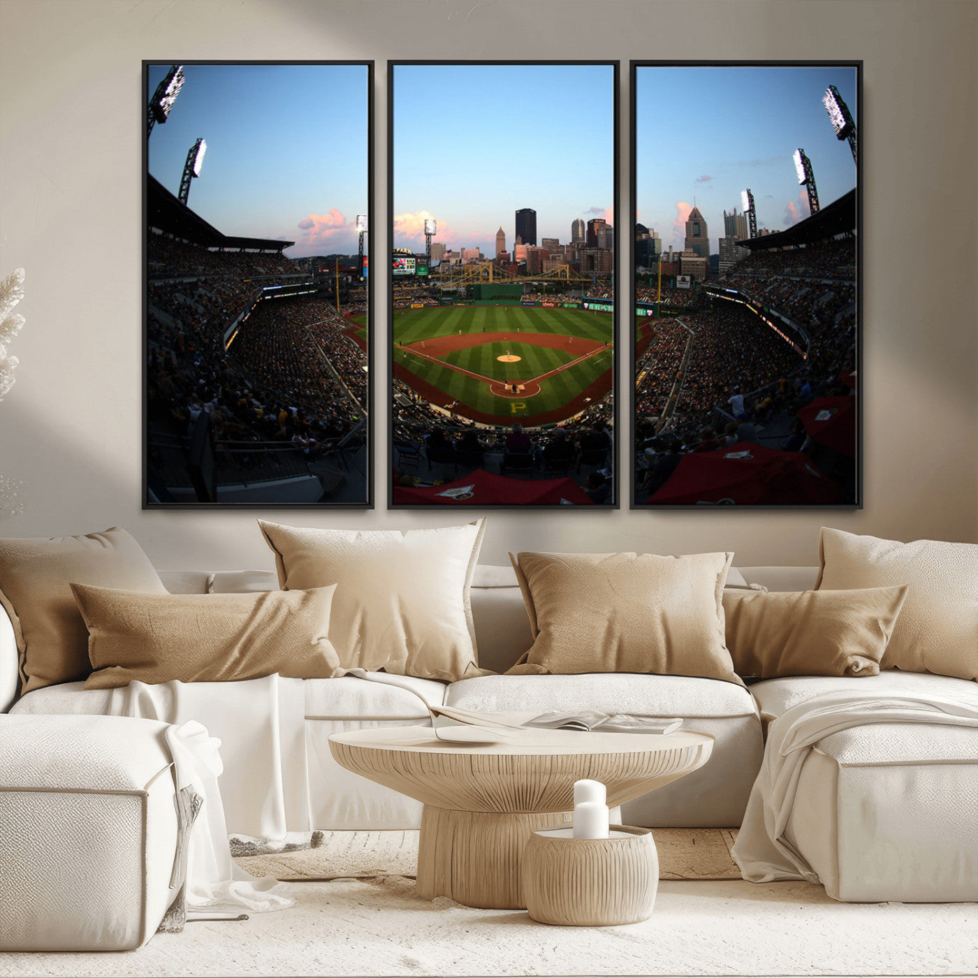 MGV-FC-48X32-3P - PNC Park Evening Game Triple Canvas Wall Art - Pittsburgh Pirates MLB Match - PNC Park Stadium Wall Art Canvas Print