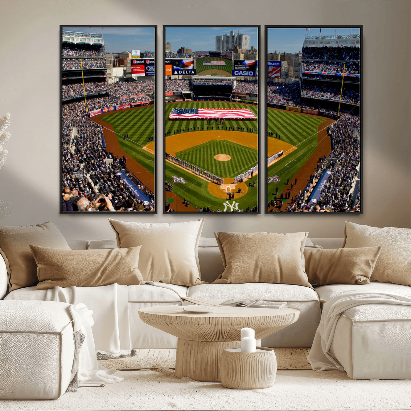 MGV-FC-48X32-3P - Yankee Stadium New York Wall Art Print | 3-Panel Canvas Print of Yankees Baseball Stadium | Large Framed Wall Decor for Baseball Fans | Ready-to-Hang