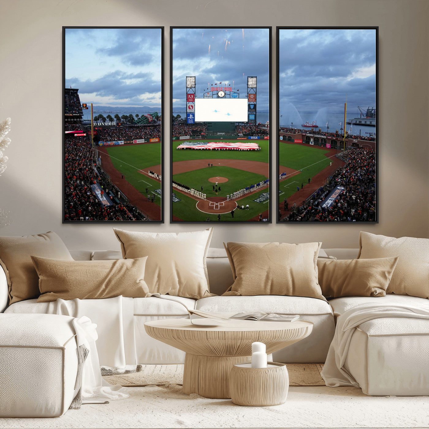 MGV-FC-48X32-3P - Oracle Park San Francisco Giants Wall Art | 3-Panel Canvas Print of Oracle Park Stadium | Large Framed Baseball Wall Decor | Ready-to-Hang MLB Canvas Print
