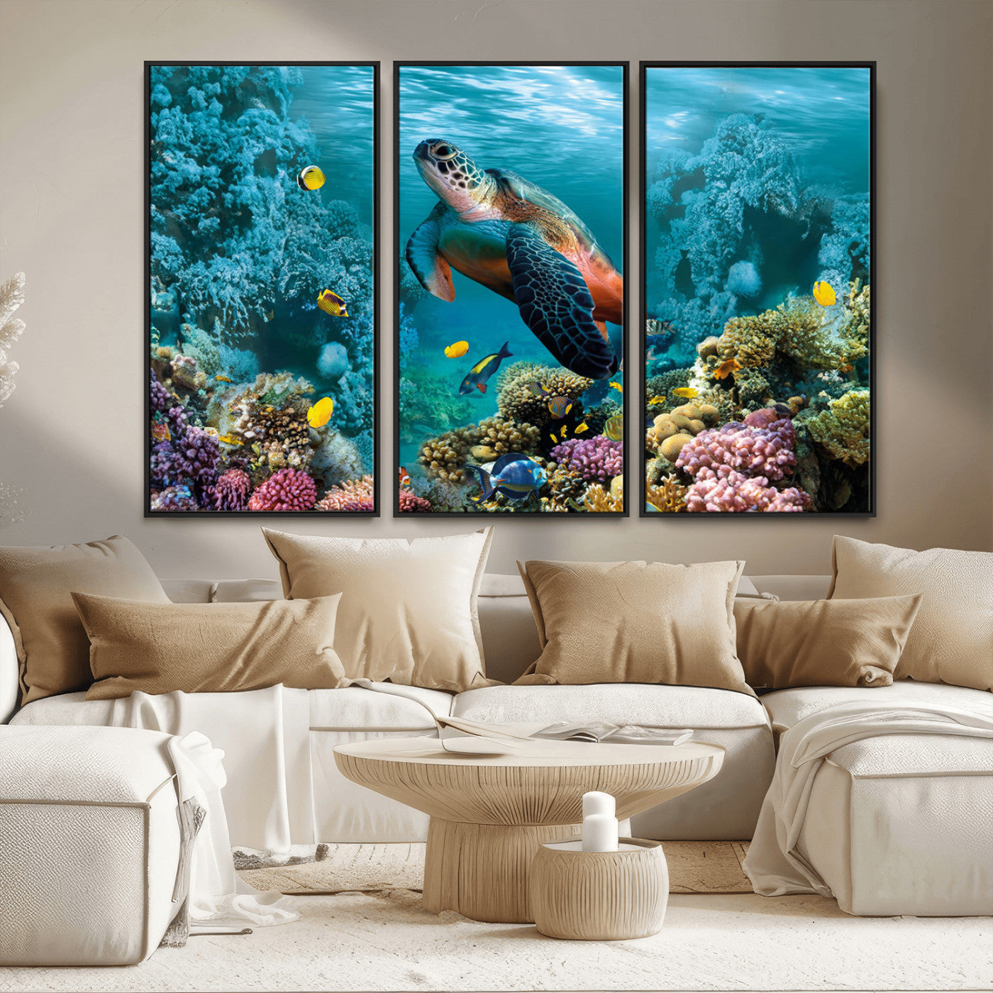 MGV-FC-48X32-3P - Sea Turtle and Coral Reef Triptych Wall Art – Vibrant Underwater Scene Canvas Set for Ocean Lovers and Coastal Decor – Ready to Hang 3-Panel Artwork