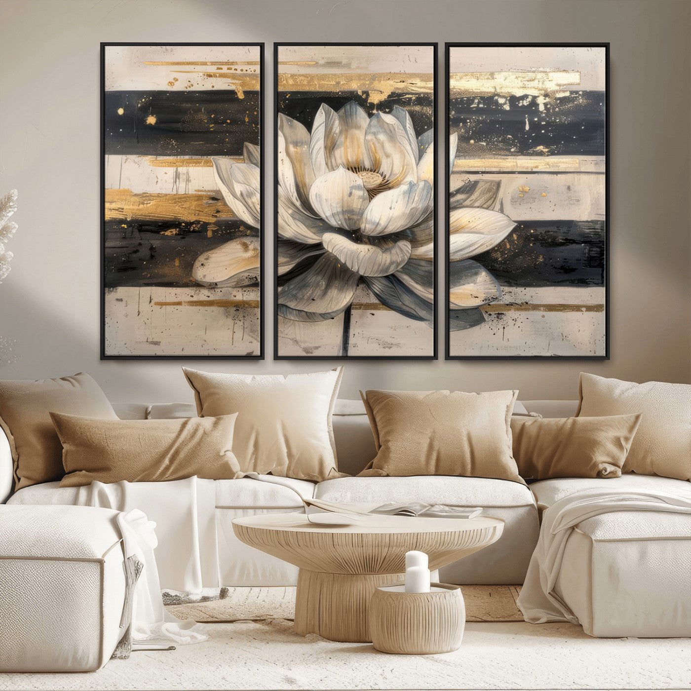 MGV-FC-48X32-3P - Abstract Lotus Flower Wall Art Canvas Print, Meditation Yoga Room Wall Art