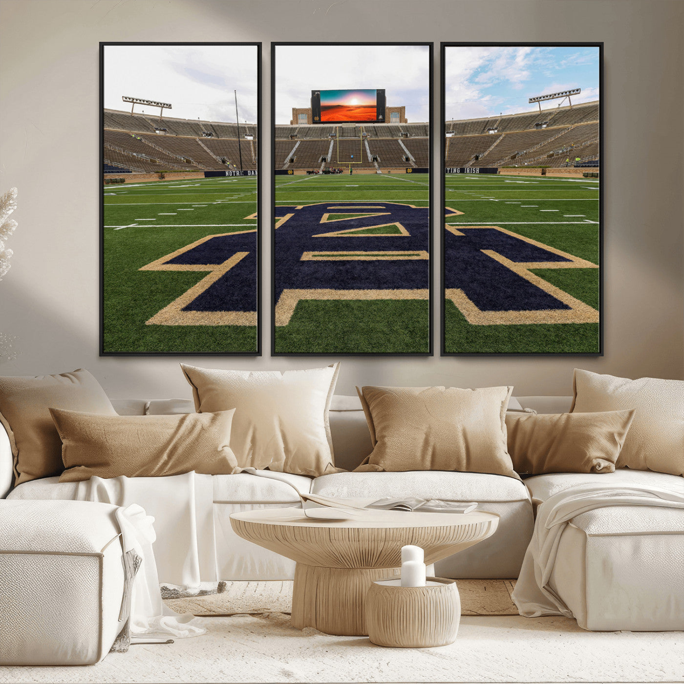 MGV-FC-48X32-3P - Notre Dame Stadium Giclee Canvas Print | Triptych Wall Art Featuring Iconic Notre Dame Football Field | Ready-to-Hang Sports Stadium Decor
