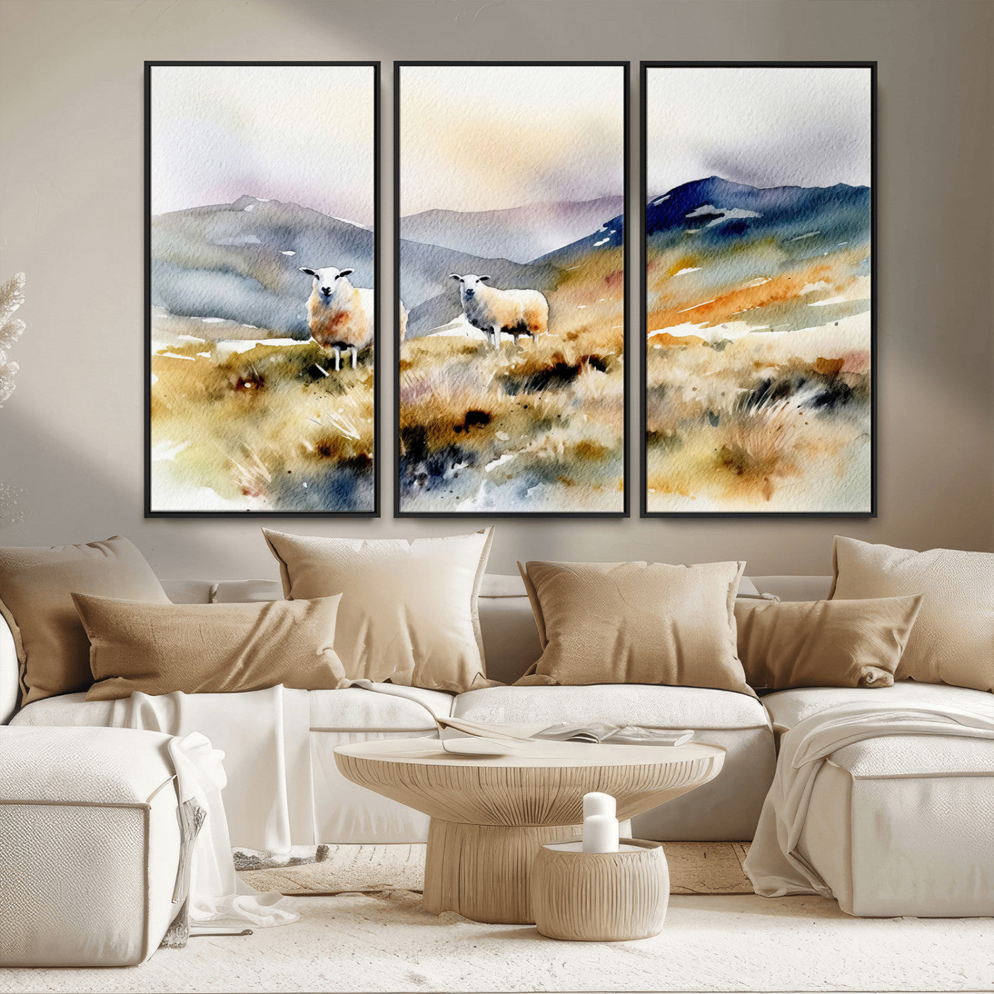 58145-MGV-FC-48X32-3P_Black-Watercolor Sheep for Farmhouse Decor Wall Art Canvas Print, Mountain Wall Art Print