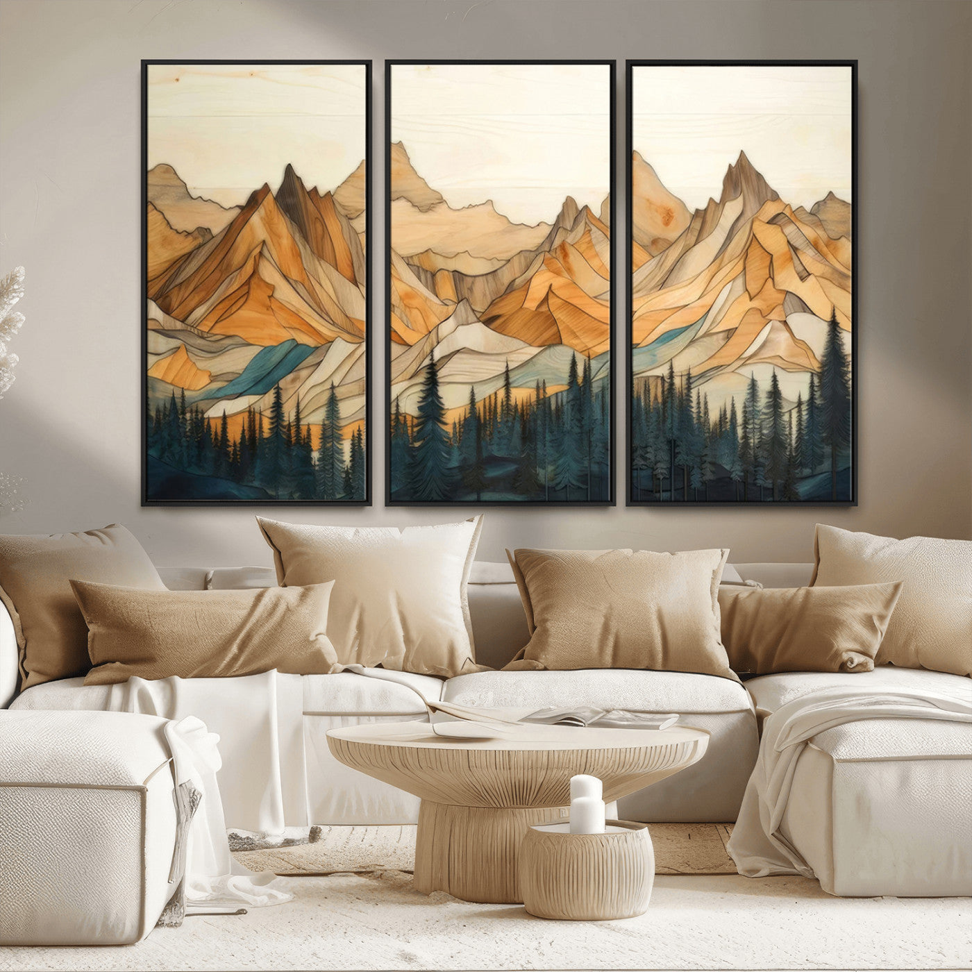 31576-MGV-FC-48X32-3P_Black-Rustic Wood Mountain Wall Art Print | Triptych Giclee Print Featuring Handcrafted Forest and