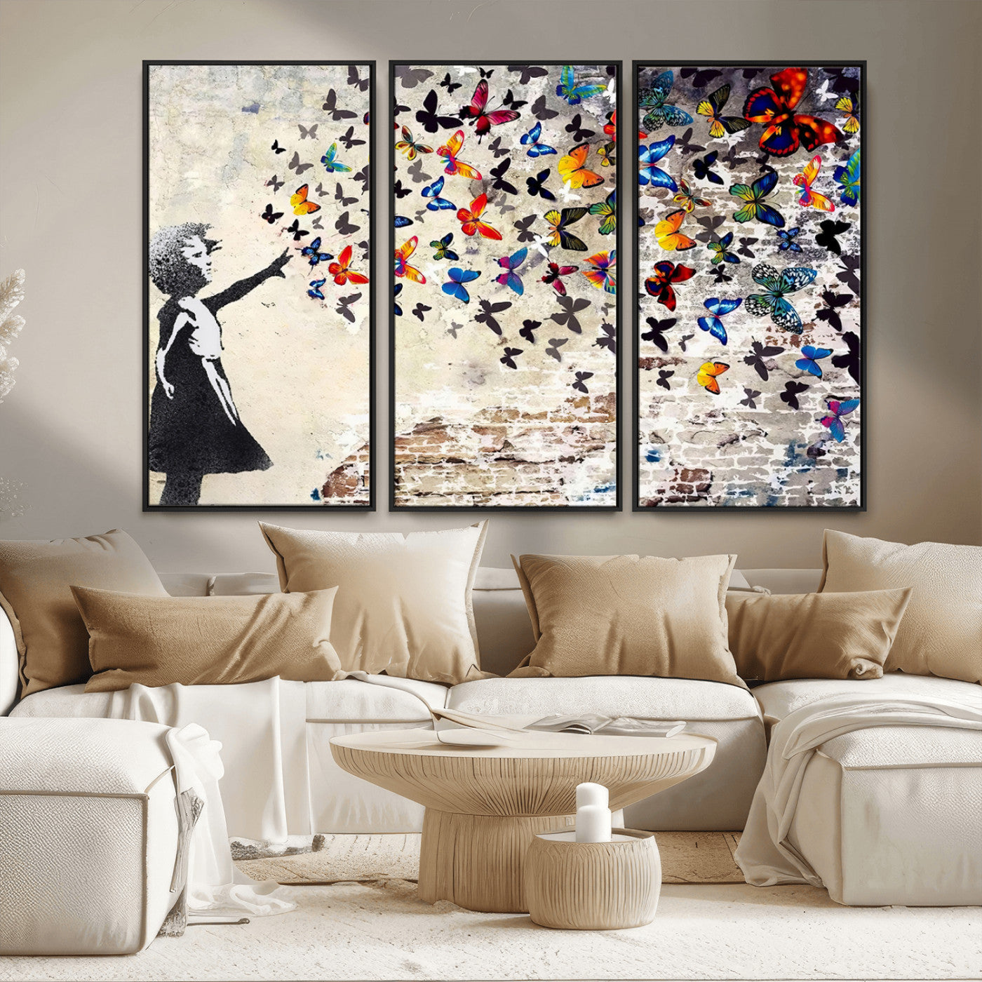 MGV-FC-48X32-3P - Banksy Graffiti Wall Art Canvas Print: Girl Releasing Vibrant Butterflies – Ready to Hang