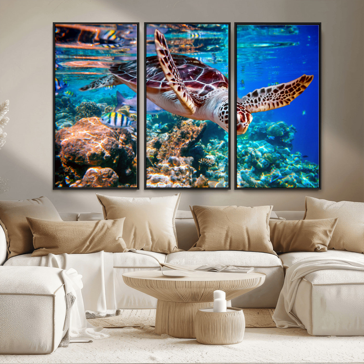 MGV-FC-48X32-3P - Underwater Coral Reef Sea Turtle Wall Art Canvas Print, Vibrant Marine Life | Colorful Ocean Scene