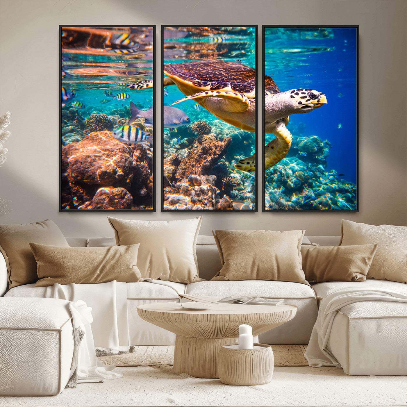 MGV-FC-48X32-3P - Sea Turtle Wall Art Canvas Print – Vibrant Ocean Coral Reef Décor, Ready to Hang