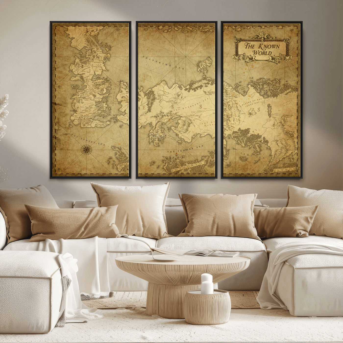 MGV-FC-48X32-3P - Vintage Game of Thrones Map Wall Art | Westeros and Essos Antique Style Print | The Known World in Triptych Canvas | Giclee Canvas for Fantasy Lovers