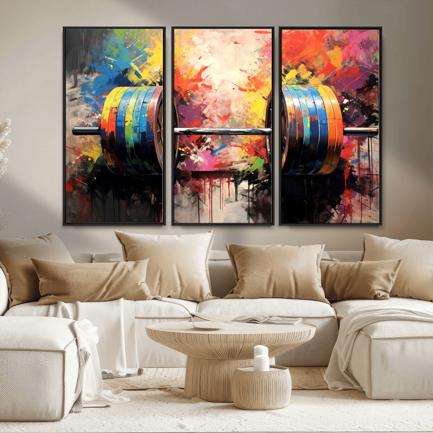 MGV-FC-48X32-3P - Weightlifting Barbell Art Triptych, Bold Abstract Fitness Wall Decor for Gym or Home, Giclee Canvas Print