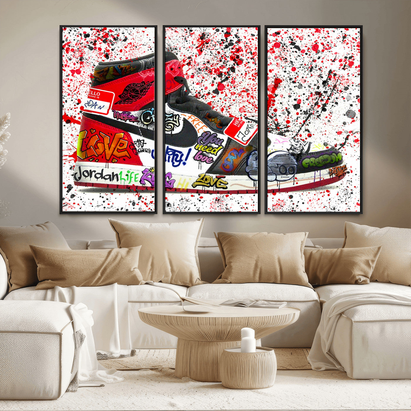 MGV-FC-48X32-3P - Jordan Shoes Graffiti Wall Art Canvas Print- Jordan Graffiti Canvas Wall Art - Framed Perfect for Sneaker heads and Urban Art Lovers