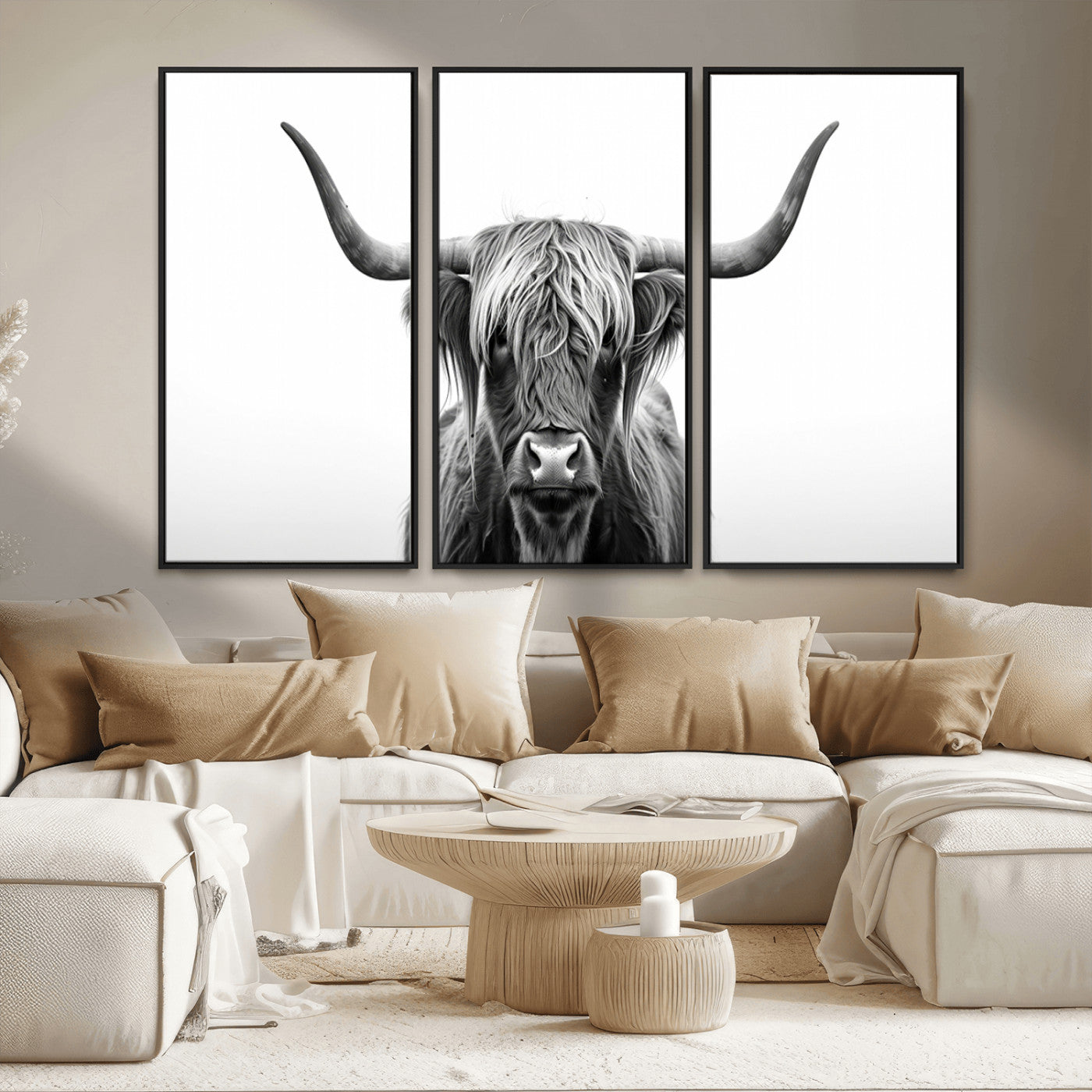 MGV-FC-48X32-3P - Highland Wall Art Canvas Print – Minimalist Black and White Farmhouse Décor, Ready to Hang