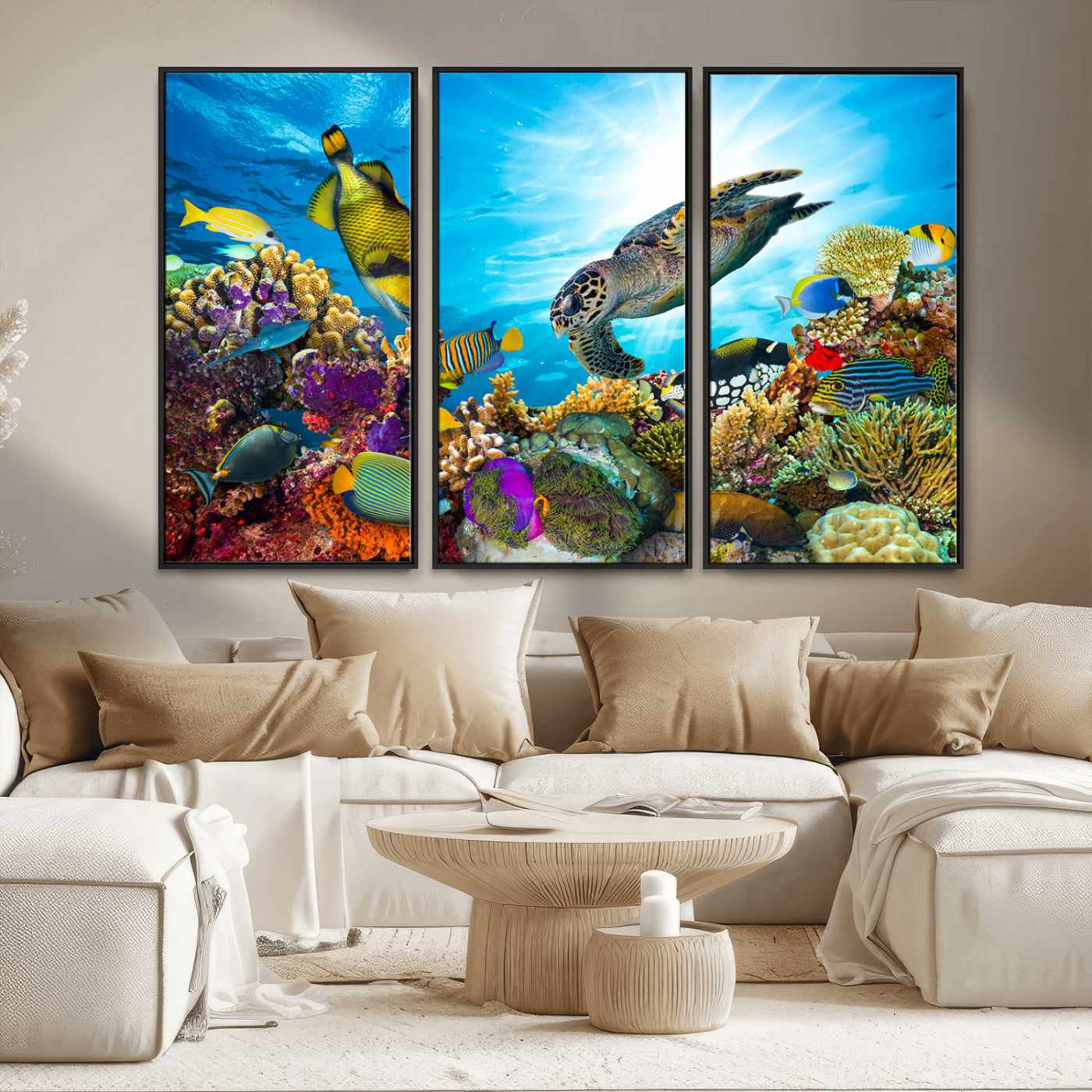 44772-MGV-FC-48X32-3P_Black-Colorful Coral Reef and Sea Life Turtle Canvas Print, Underwater Tropical Ocean Wall Art for Home