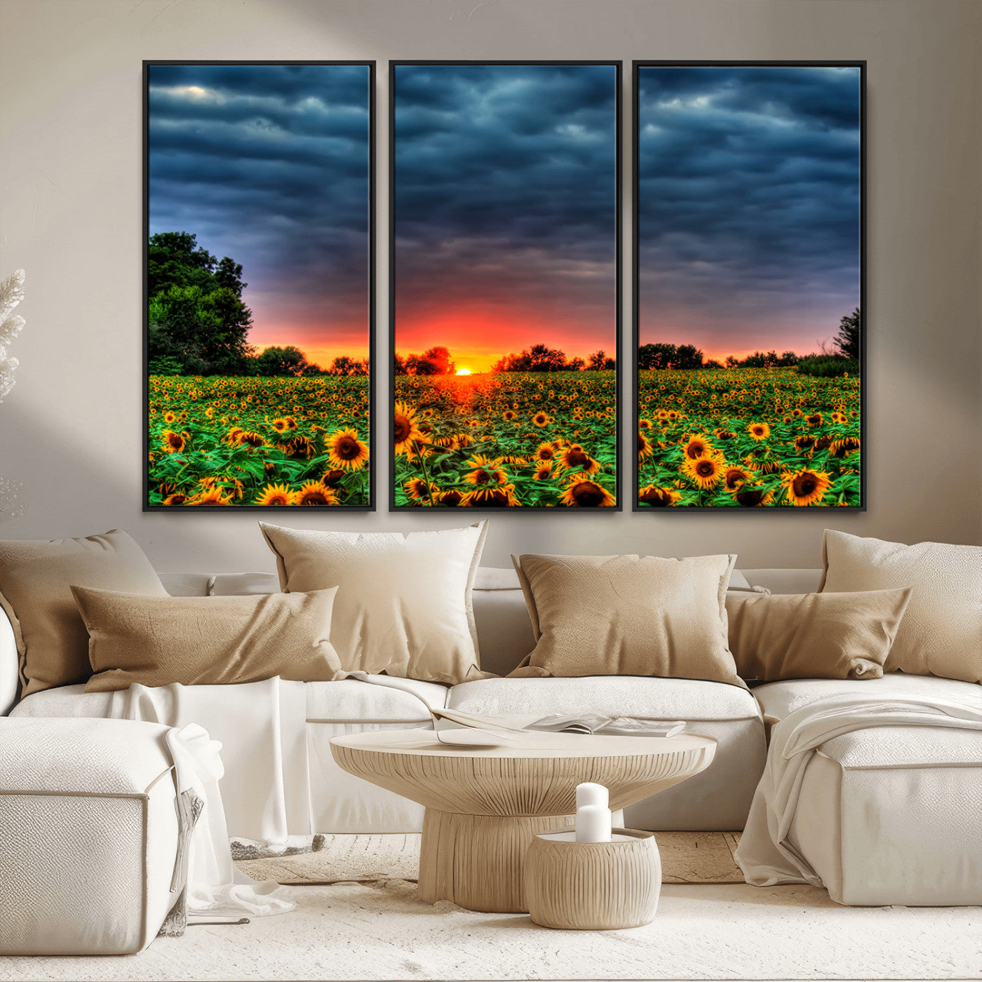 MGV-FC-48X32-3P - Golden Sunflower Field at Sunset – Breathtaking Sky and Vibrant Flowers, Ready to Hang Wall Art