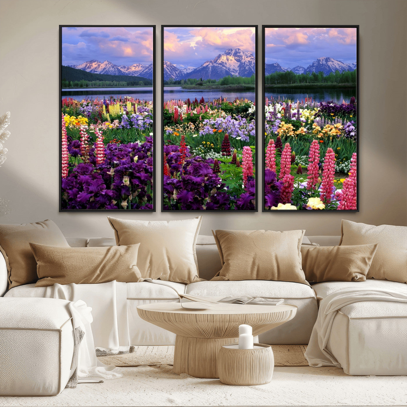 MGV-FC-48X32-3P - Vibrant Wildflower Garden and Mountain View Giclee Canvas Print | Floral Wall Art for Living Room