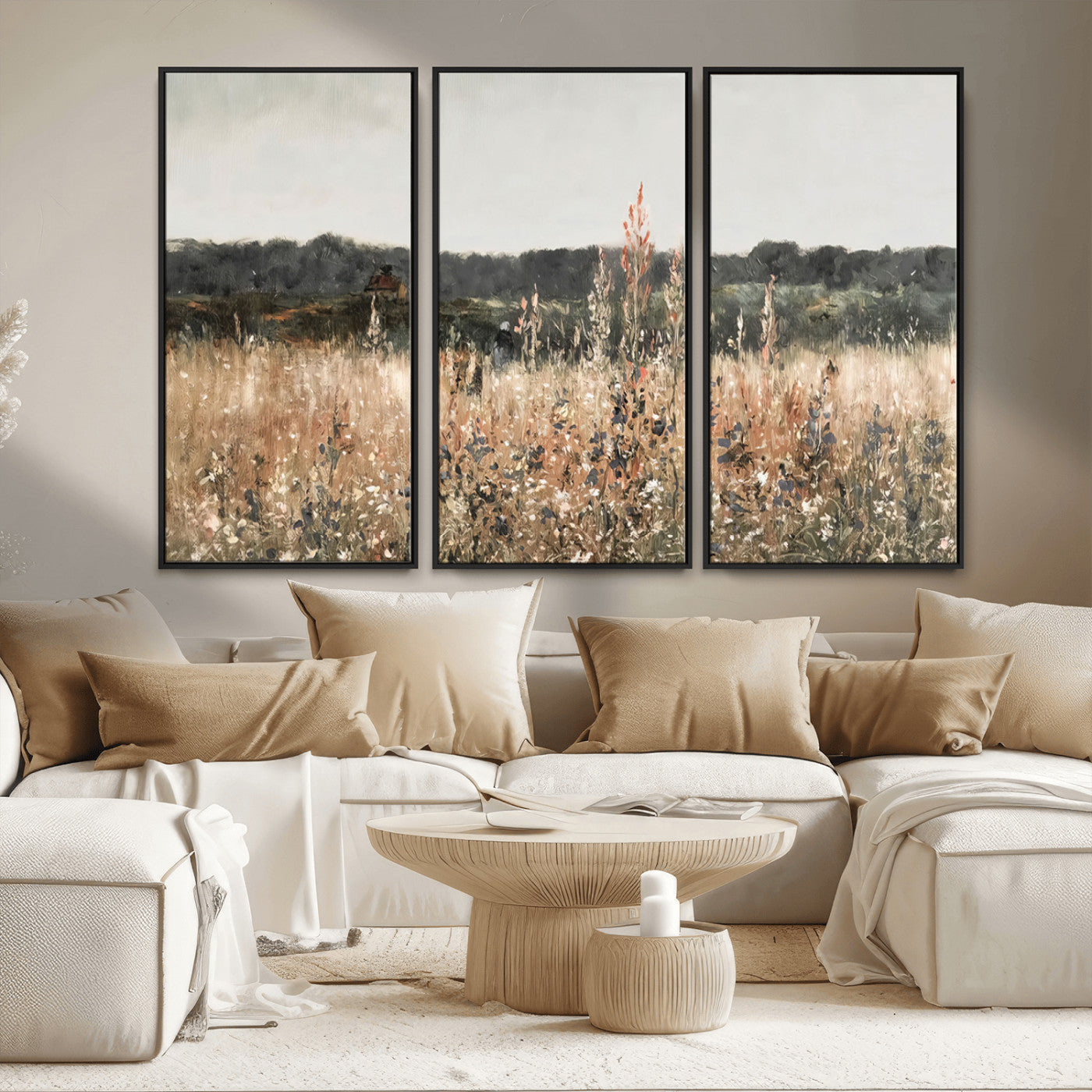MGV-FC-48X32-3P - Rustic Field Landscape Wall Art Print, Giclee Canvas Wall Art for Modern Homes, Warm Meadow and
