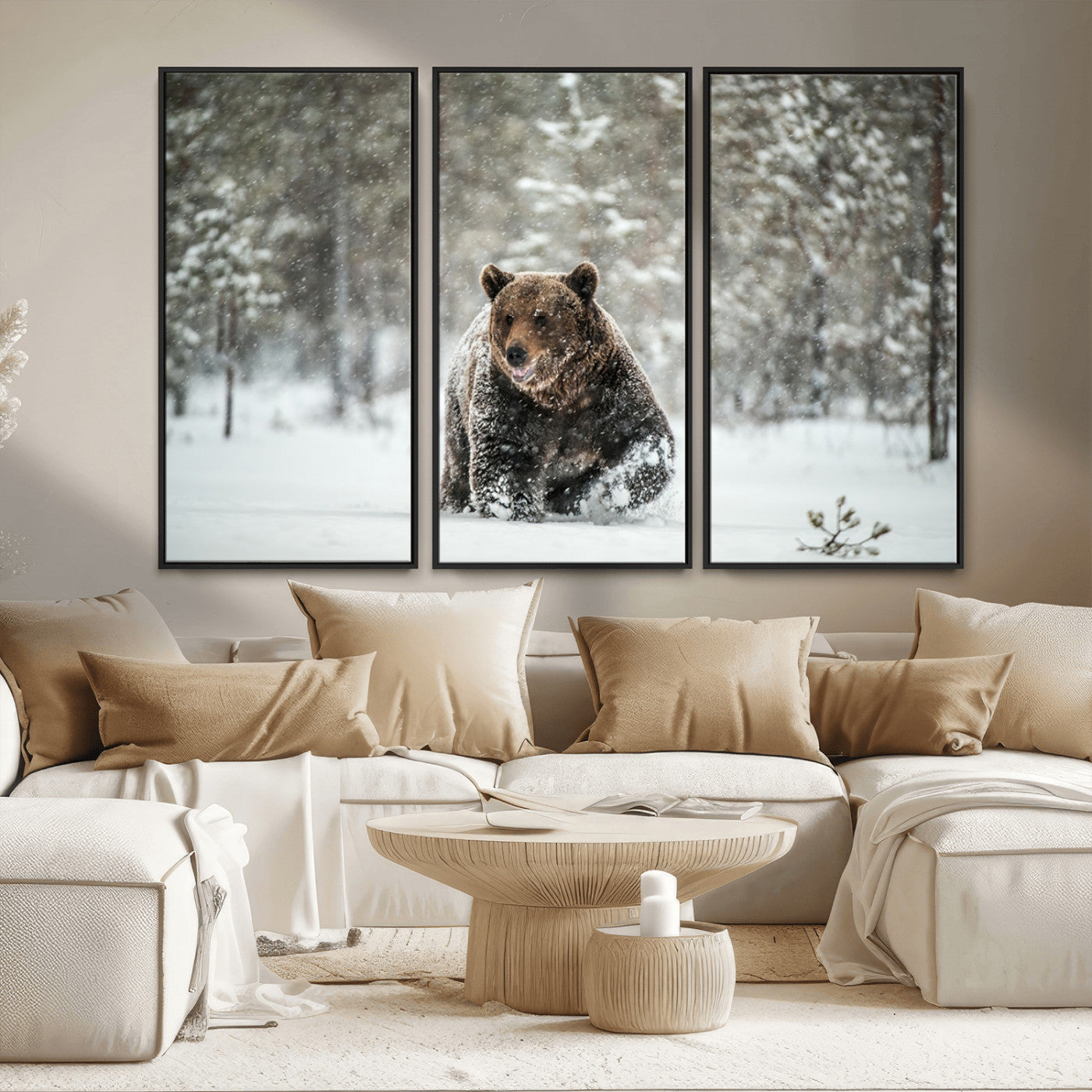 A majestic brown bear moves through a snowy forest landscape, surrounded by falling snowflakes, capturing the essence of wildlife in winter.