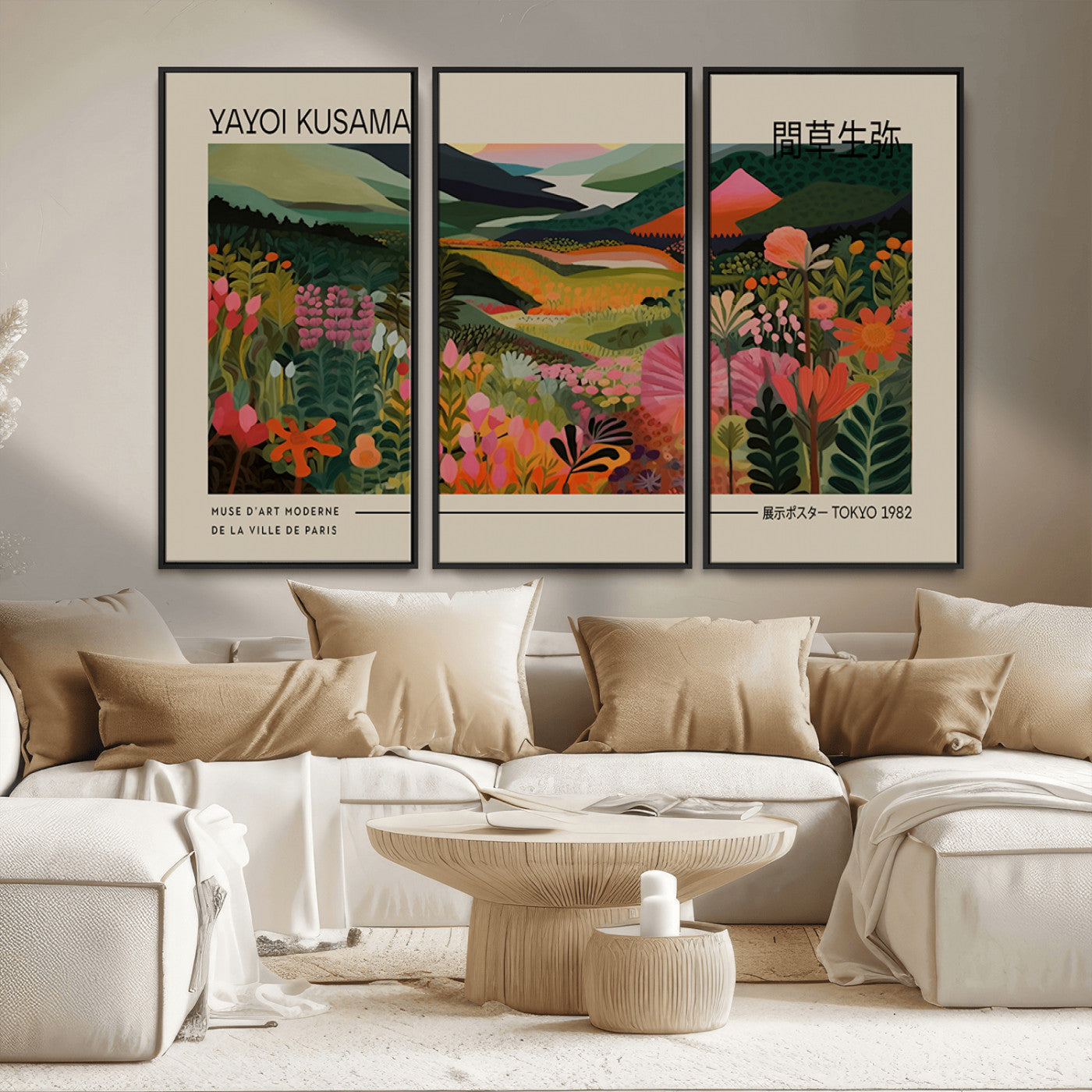 MGV-FC-48X32-3P - Yayoi Kusama Landscape Canvas Print, Vibrant Floral Mountain Art Print, Botanical Flower Nature