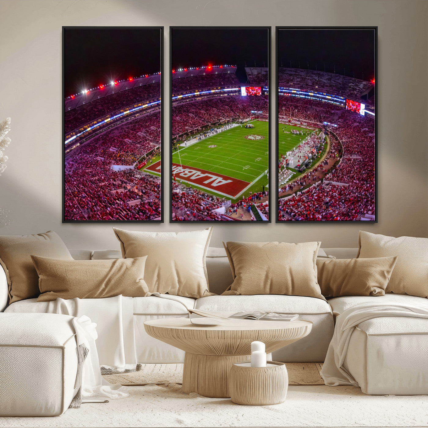 MGV-FC-48X32-3P - Bryant-Denny Stadium Night Game Triple Canvas Wall Art - Alabama Crimson Tide Football Match