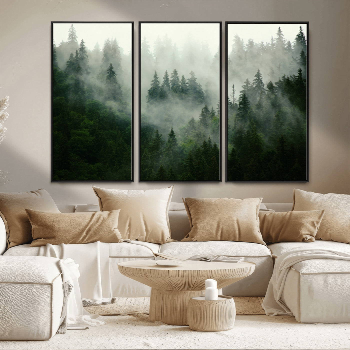 MGV-FC-48X32-3P - Misty Forest Wall Art Canvas Print - Foggy Forest Landscape Canvas Wall Art – Serene Triptych Nature