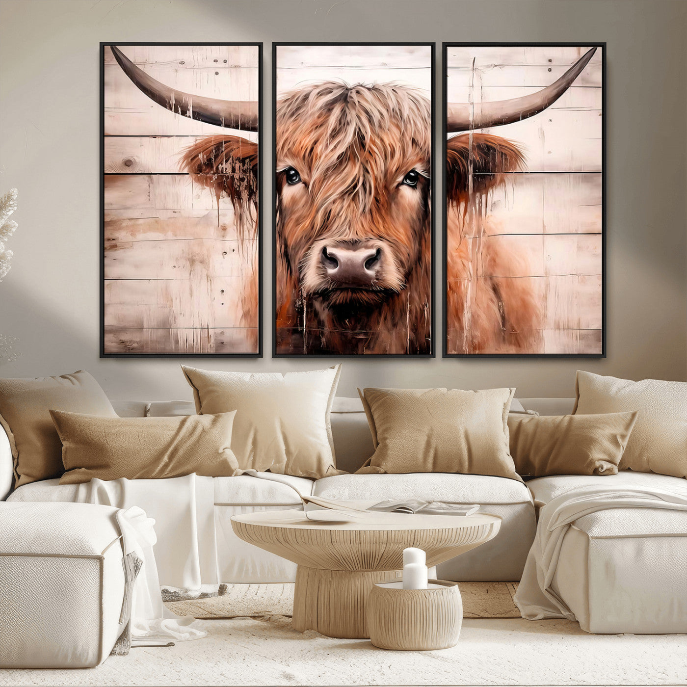 MGV-FC-48X32-3P - Vintage Scottish Highland Cow Cattle Art Print Farmhouse Wall Art Canvas Print