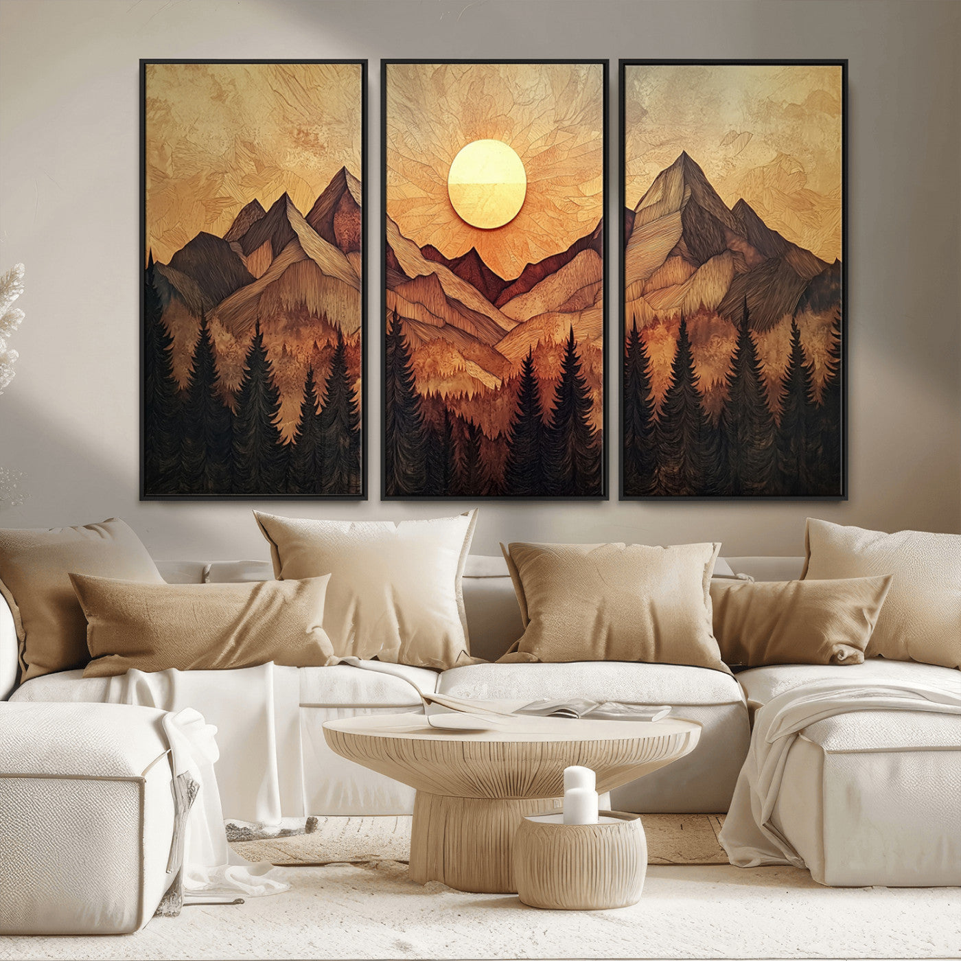 MGV-FC-48X32-3P - Wood Style Abstract Mountain Sunset Canvas Wall Art Print - Warm Earth Nature-Inspired Decor for