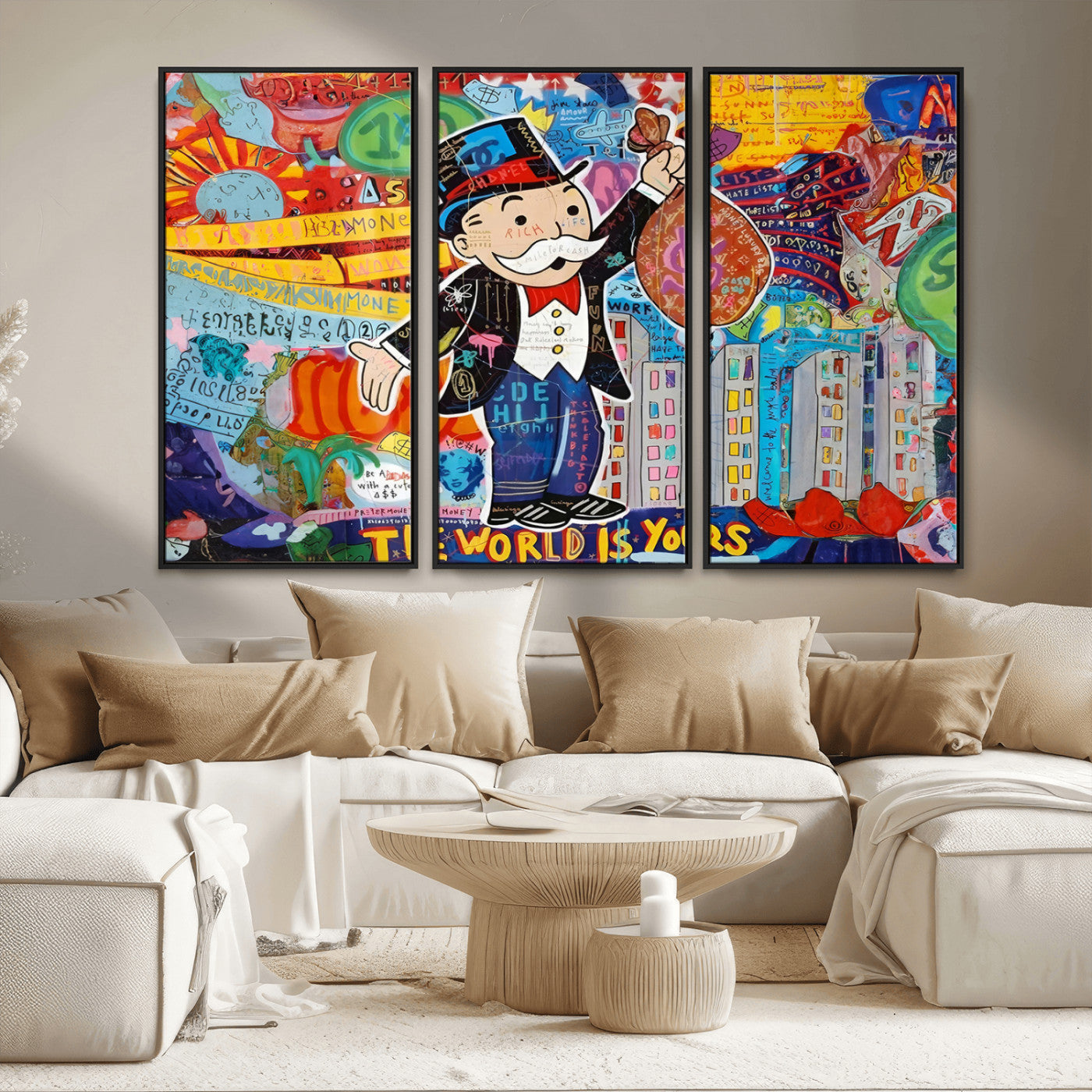 MGV-FC-48X32-3P - Pop Art Monopoly Man Canvas Wall Art Print - Bold and Colorful Street Art-Inspired Decor for Living