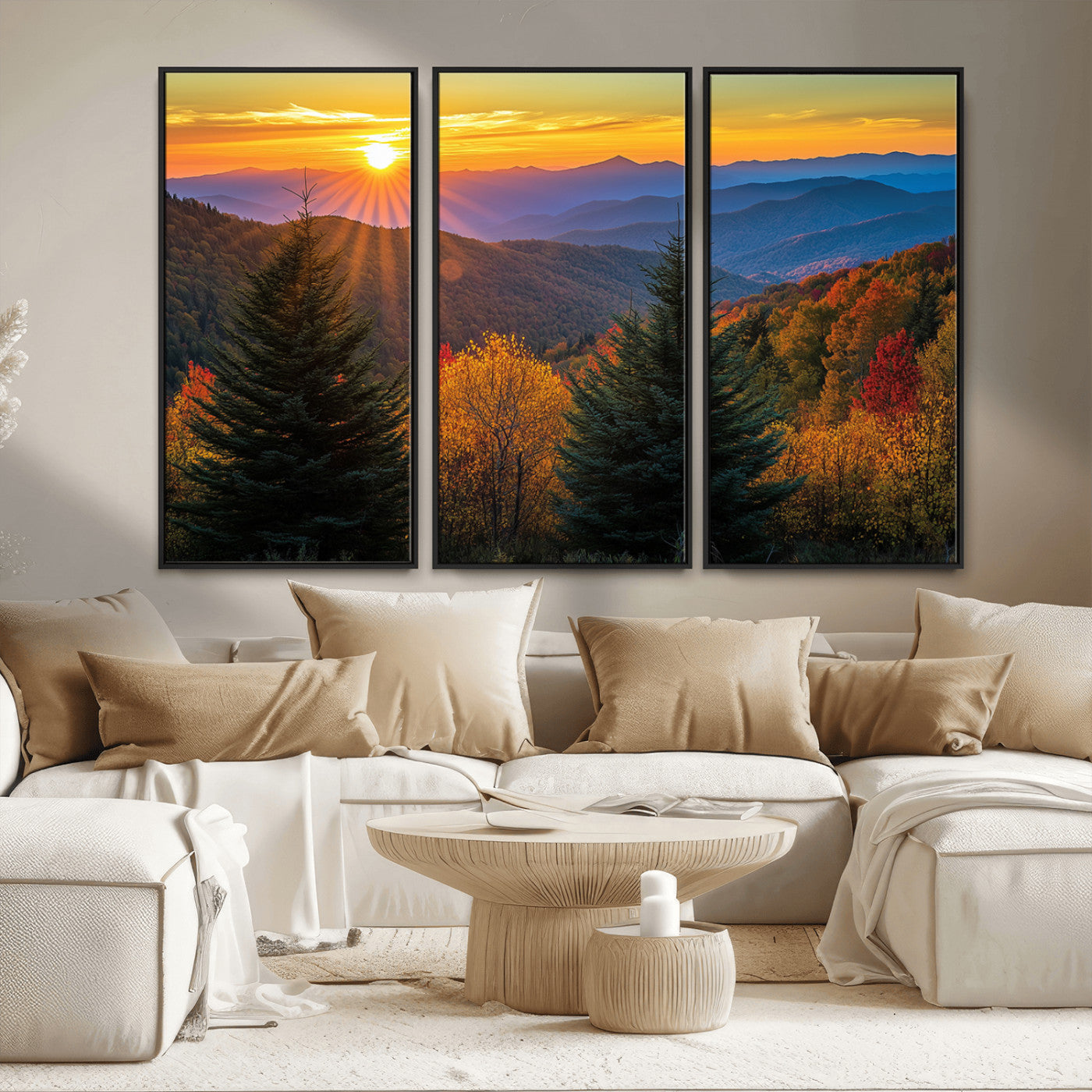 MGV-FC-48X32-3P - Golden Sunset Over Mountain Forest Canvas Wall Art Print - Warm Nature-Inspired Landscape for Living