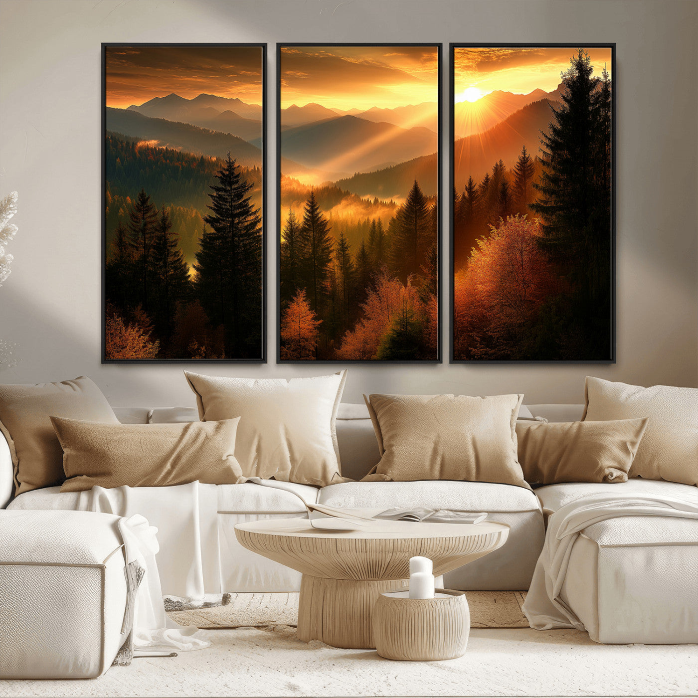 MGV-FC-48X32-3P - Golden Sunset Over Mountain Forest Canvas Wall Art Print - Warm Nature Landscape Print