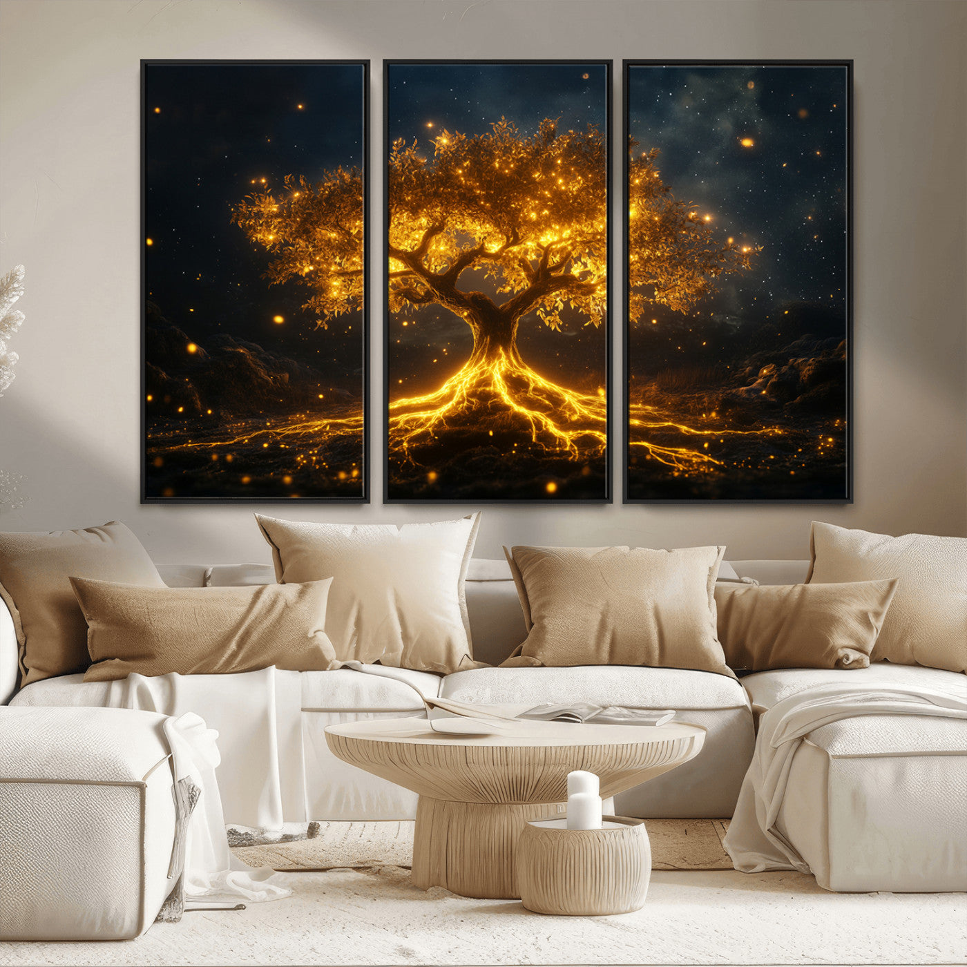 MGV-FC-48X32-3P - Golden Tree of Life Canvas Wall Art Print - Majestic Glowing Tree Design for Living Room, Office, or