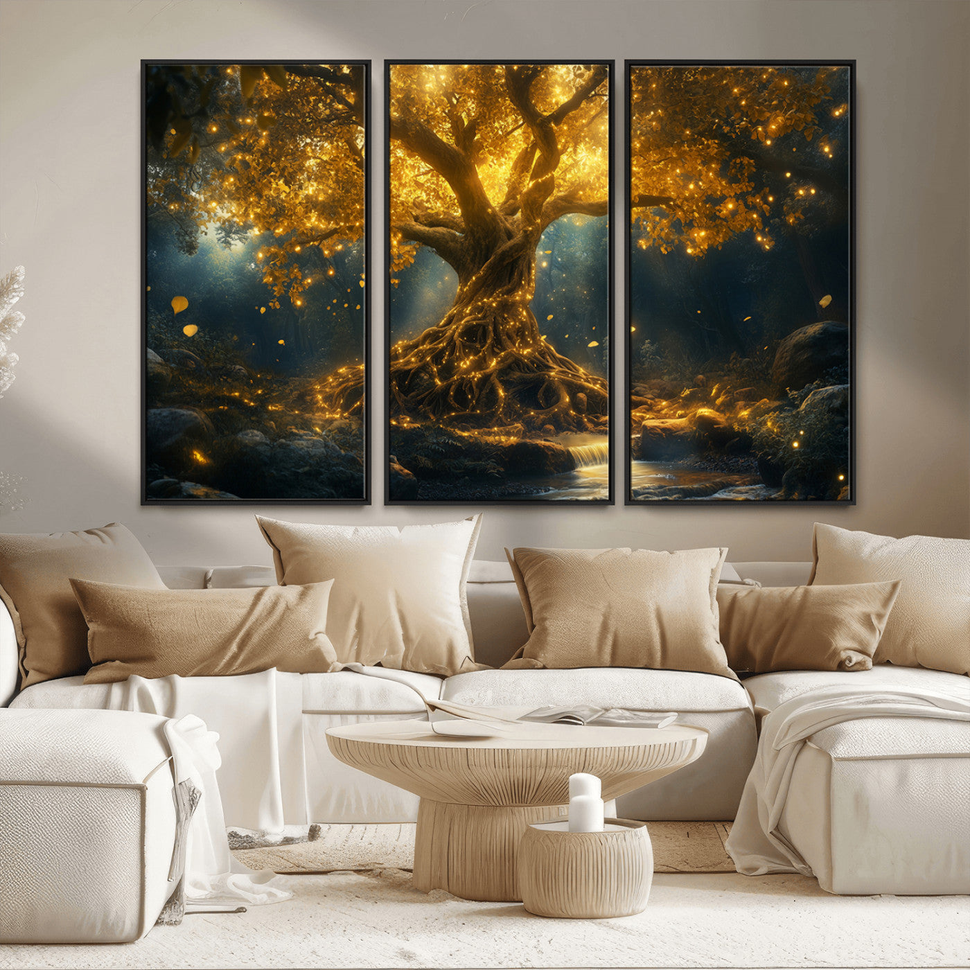 MGV-FC-48X32-3P - Golden Tree of Life Canvas Wall Art Print - Majestic Glowing Tree Wall Art Print