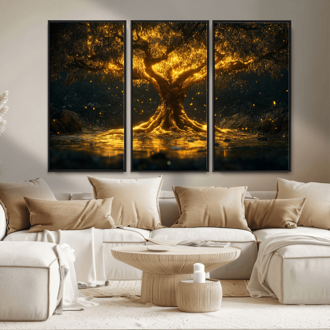 MGV-FC-48X32-3P - Golden Tree of Life Canvas Wall Art Print - Majestic Glowing Tree Wall Art Print