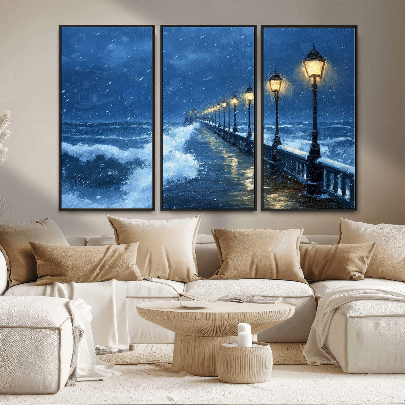 MGV-FC-48X32-3P - Stormy Ocean Pier Lights Canvas Wall Art Print - Large Moody Night Scene for Living Room, or Office,
