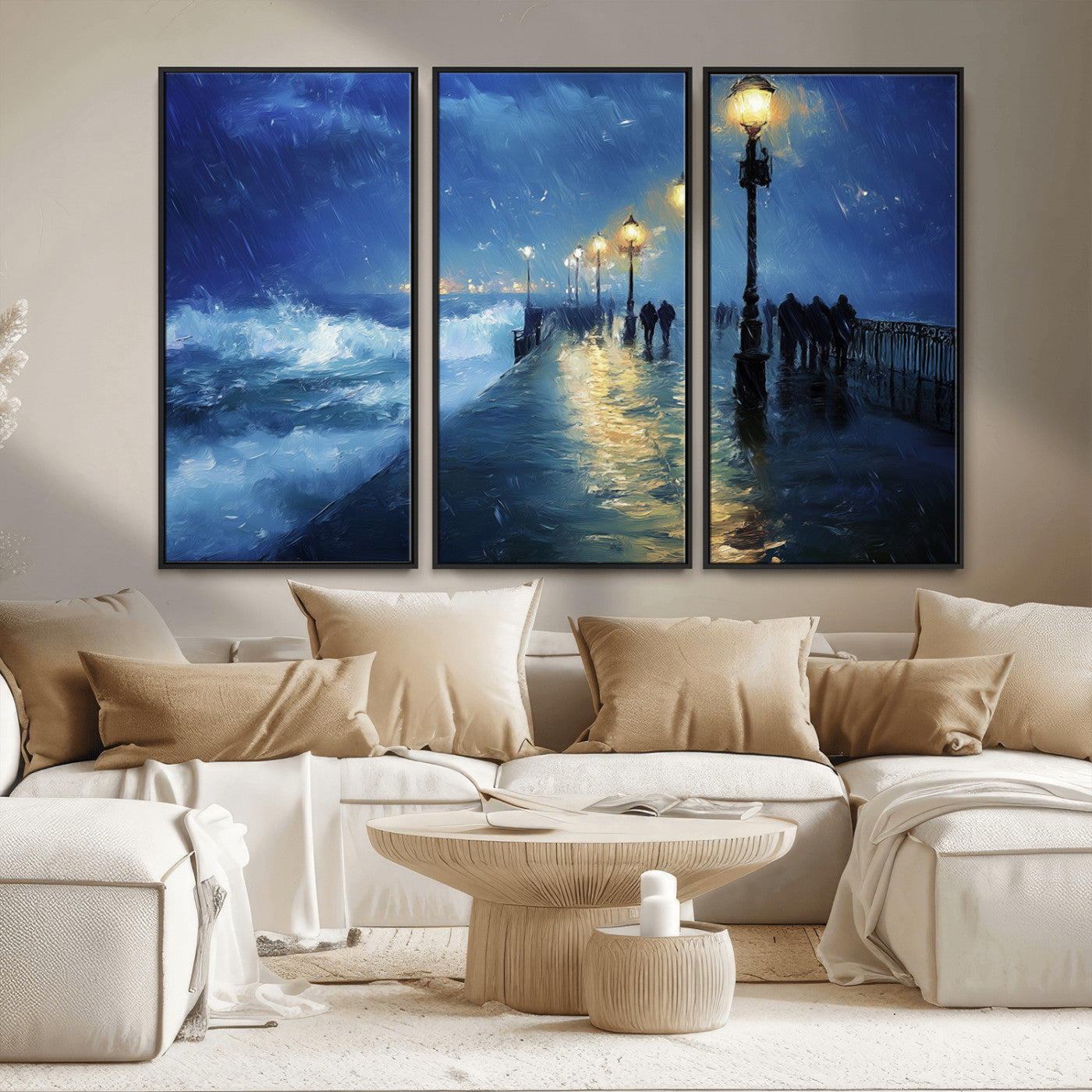 MGV-FC-48X32-3P - Abstract Stormy Ocean Pier Canvas Wall Art Print | Stormy Ocean Art | Large Moody Night Scene Print,