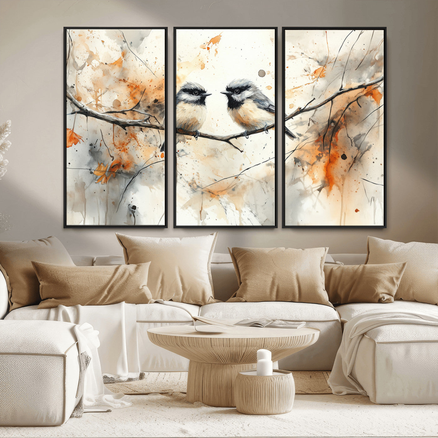 MGV-FC-48X32-3P - Abstract Watercolor Chickadee Bird Canvas Wall Art Print - Large Bird and Branch Wall Art, Modern