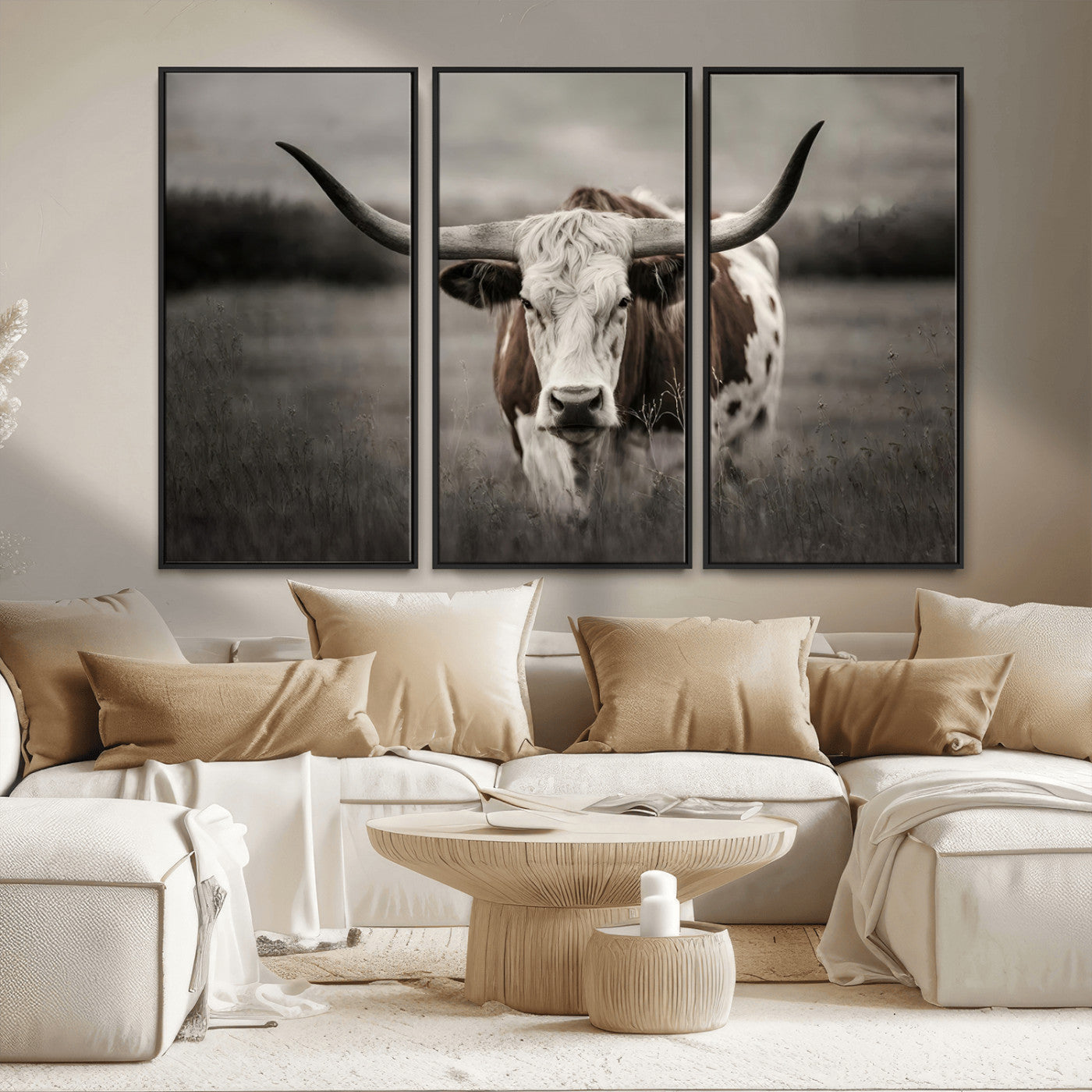 MGV-FC-48X32-3P - Texas Longhorn Cow Canvas Wall Art Print - Large Rustic Longhorn Art for Living Room, Western Wall