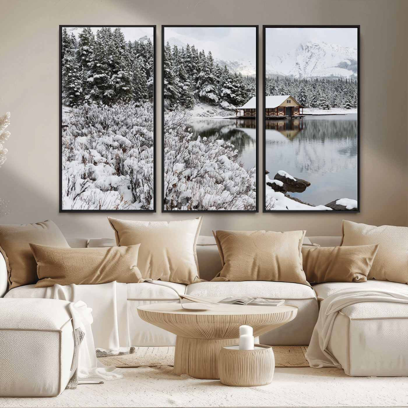 MGV-FC-48X32-3P - Winter Wall Art - Cabin by the Lake Canvas Wall Art - Serene Snowy Landscape with Mountain View,