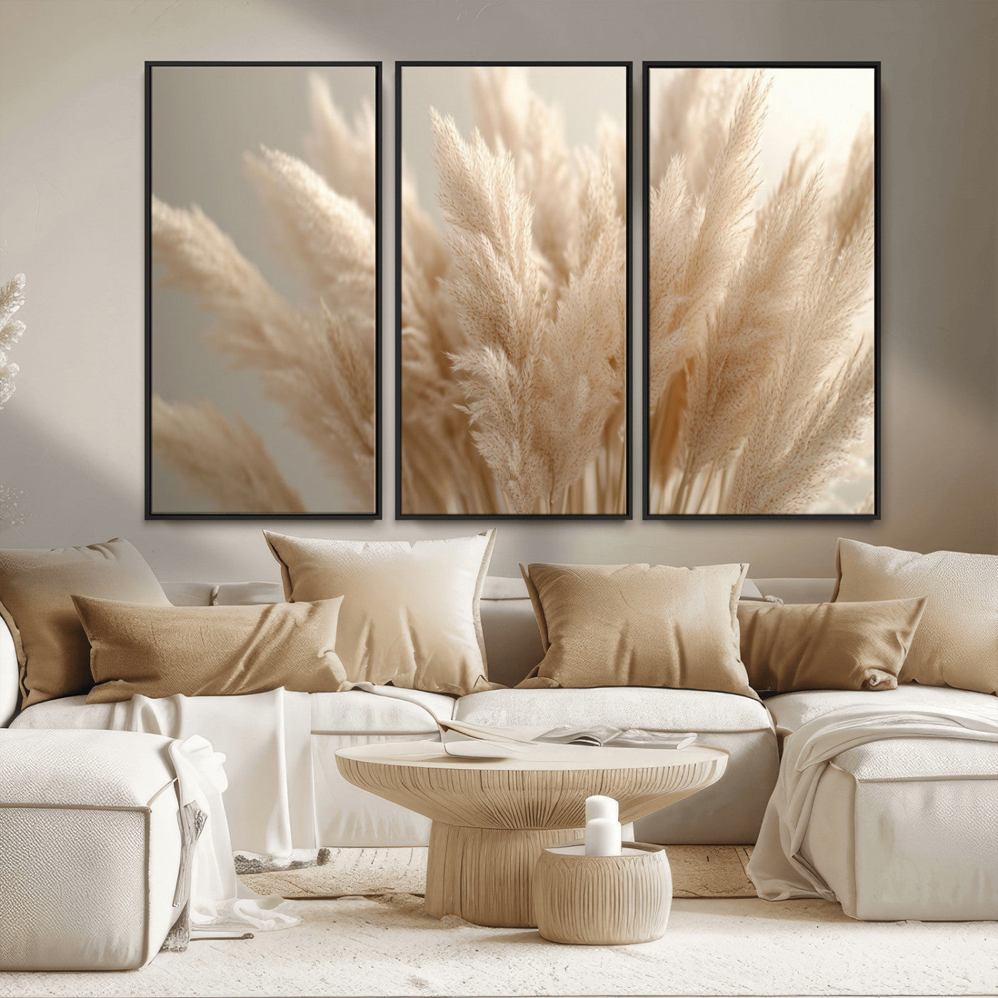 MGV-FC-48X32-3P - Pampas Grass Canvas Wall Art - Elegant Neutral Decor for Living Room, Boho Minimalist Artwork, Ready