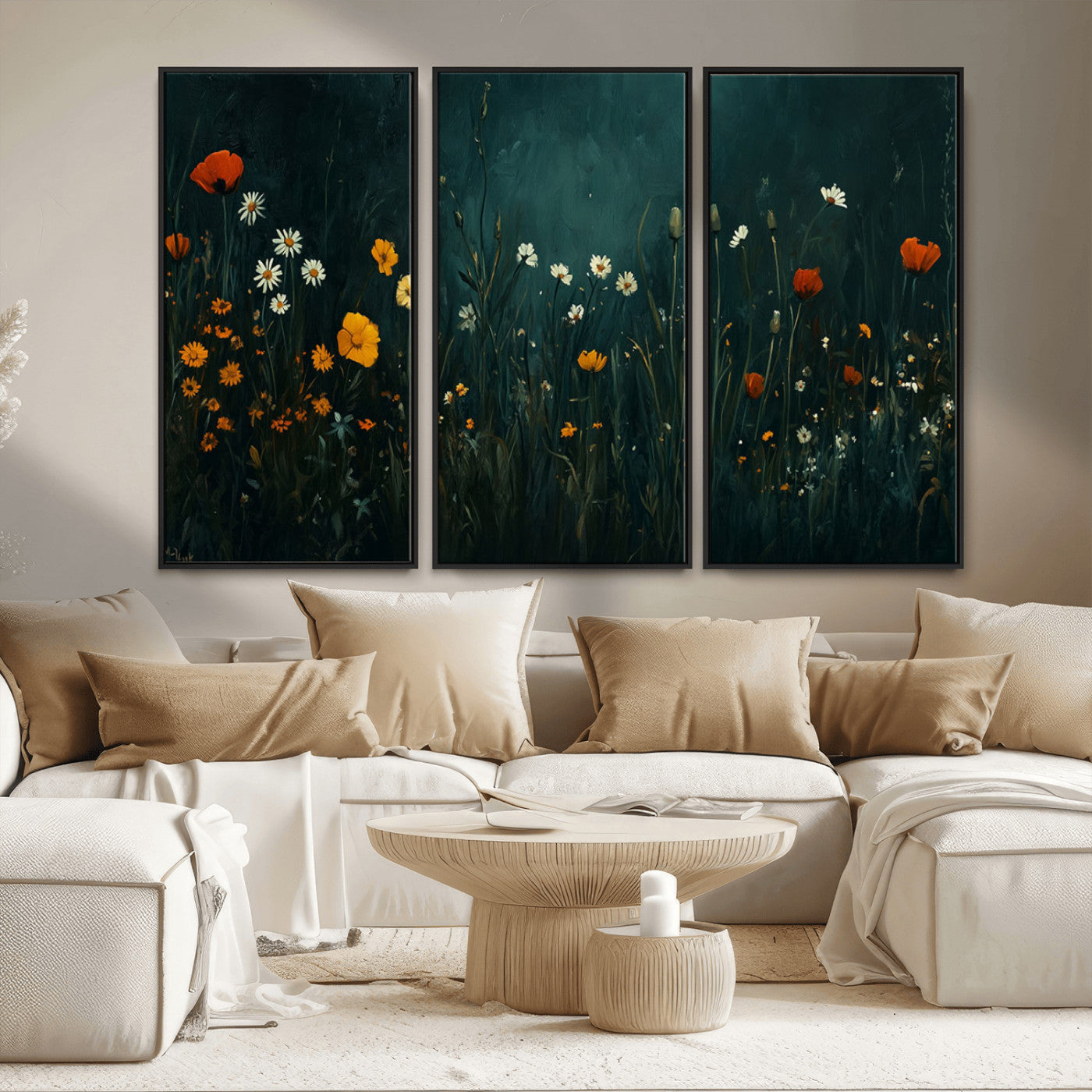 MGV-FC-48X32-3P - Framed Wildflower Field Wall Art, Framed Vintage Botanical Landscape Sign, Floral Decor, Modern