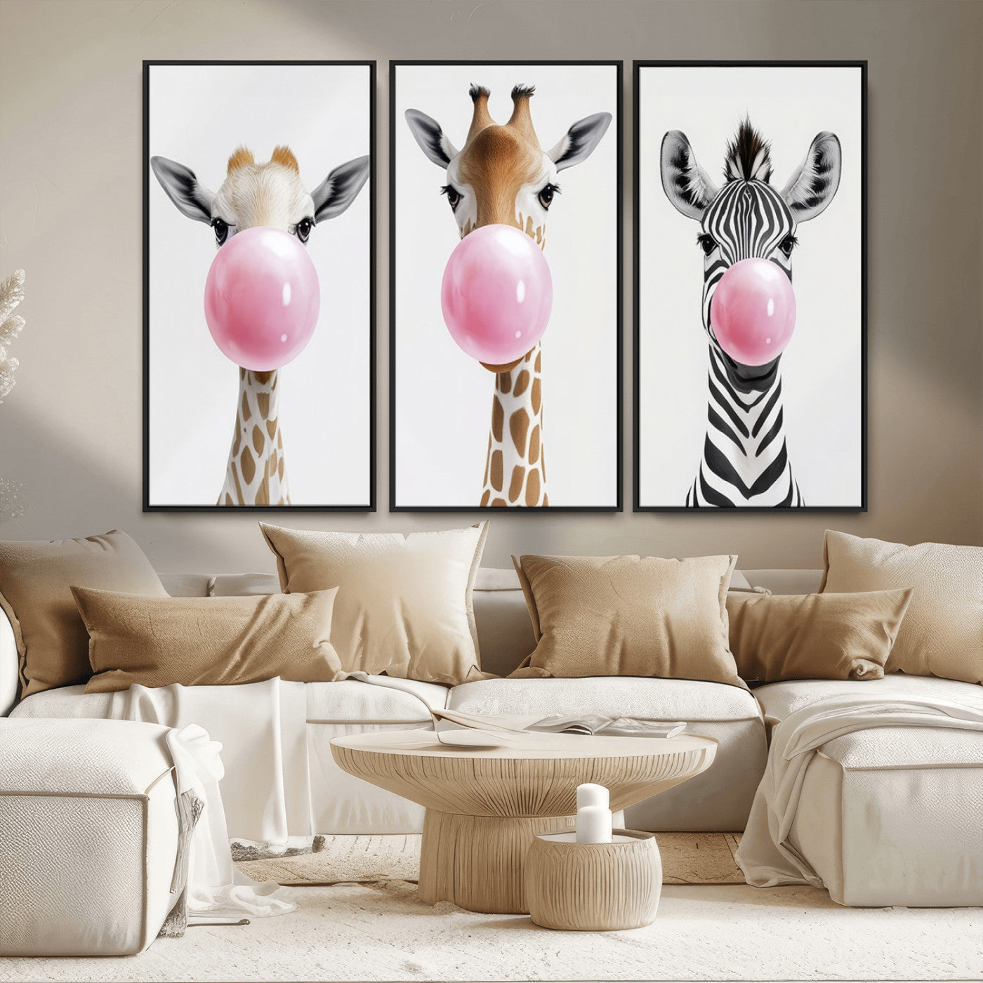 MGV-FC-48X32-3P - Bubblegum Animals Canvas Wall Art - Playful Giraffe and Zebra Trio, Fun Nursery Decor for Kids'