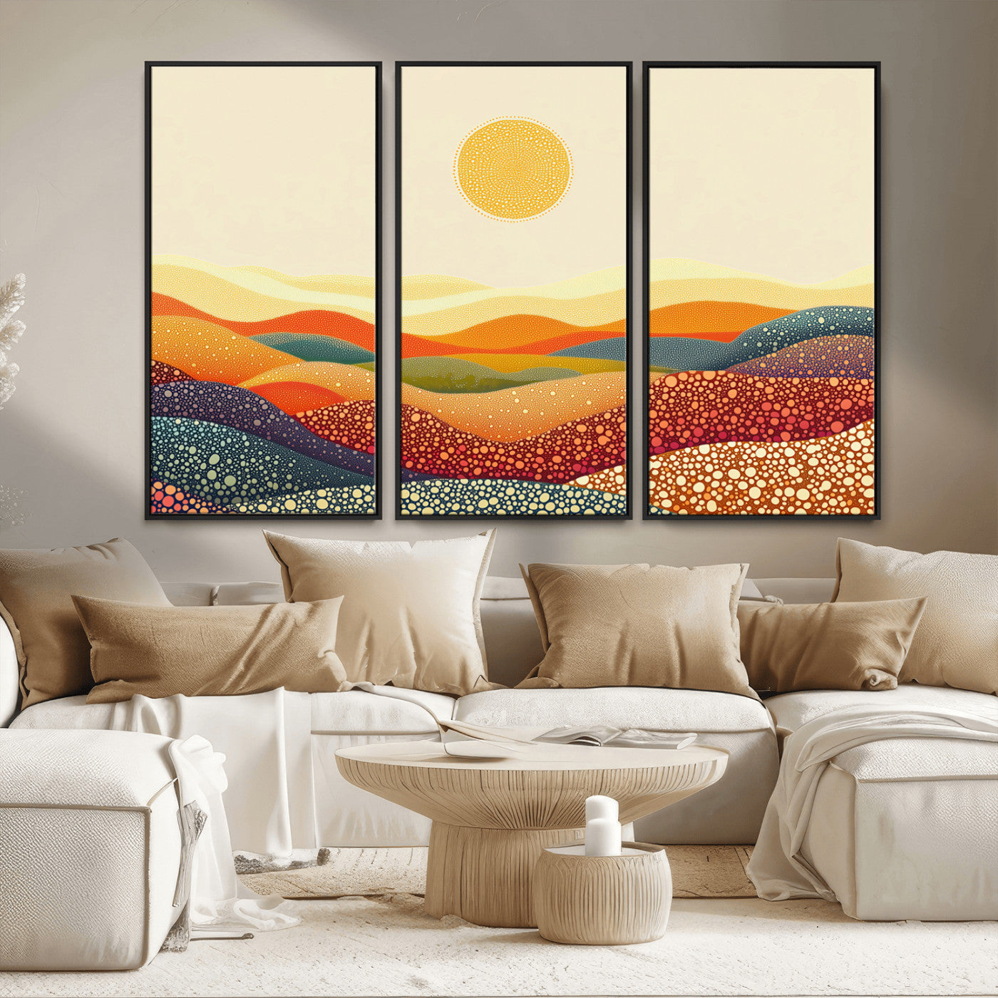 MGV-FC-48X32-3P - YAYOI KUSAMA Colorful Dot Art Landscape Canvas - Framed Abstract Pointillism Inspired by Nature with