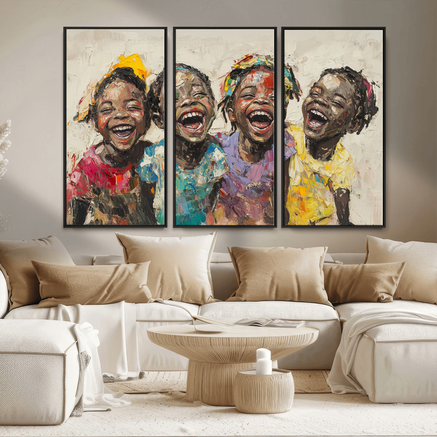 MGV-FC-48X32-3P - Shai Yossef style Joyful Childhood Canvas Wall Art - Expressive Impasto Painting of Black Children