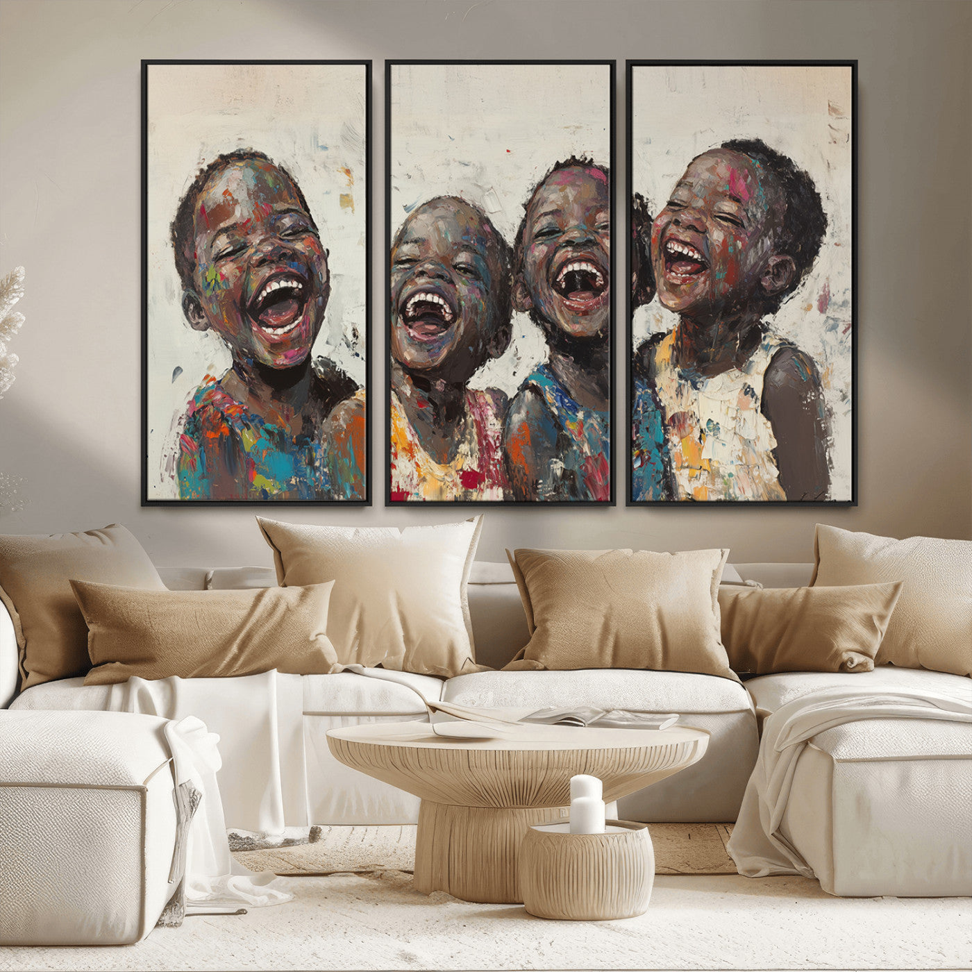 85256-MGV-CV-36X24-Shai Yossef Print - Joyful Childhood Canvas Wall Art - Expressive Impasto Painting of Laughing