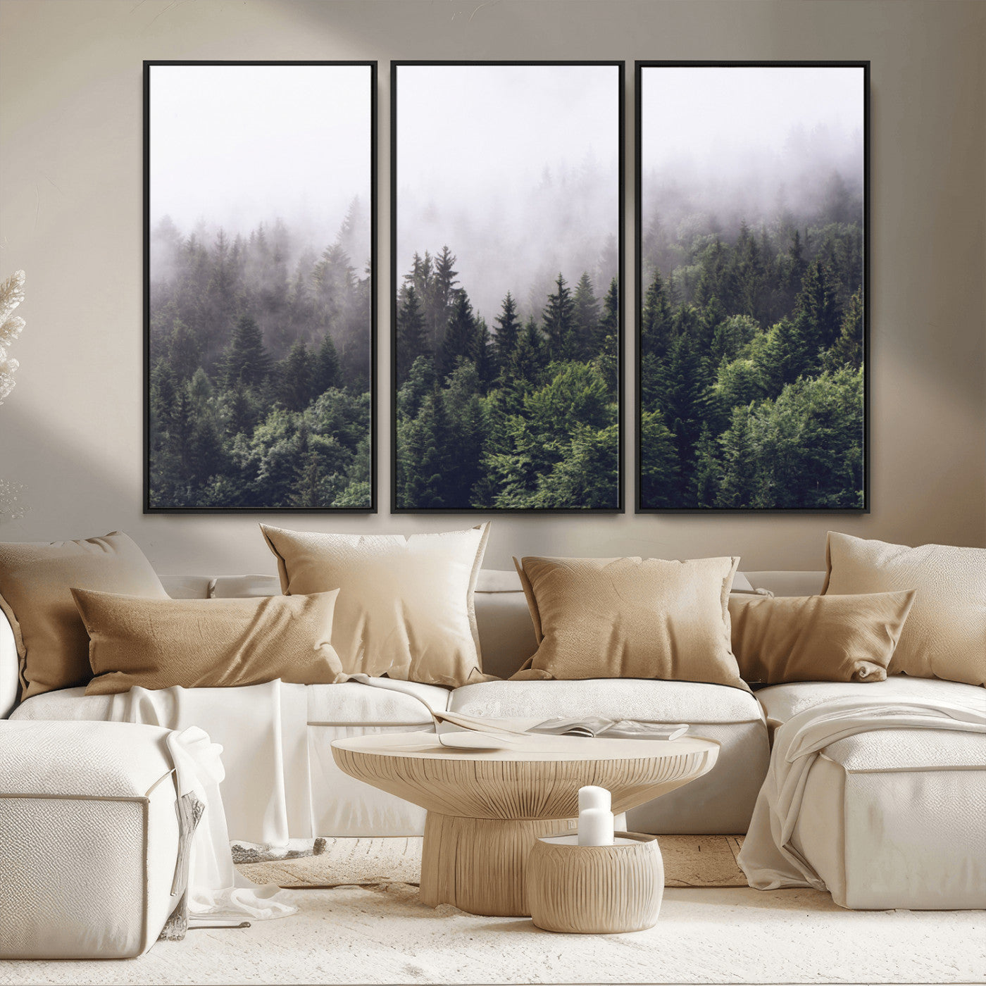 MGV-FC-48X32-3P - Misty Forest Wall Art | Foggy Forest Canvas Print | Large Nature-Inspired Misty Tree Landscape for