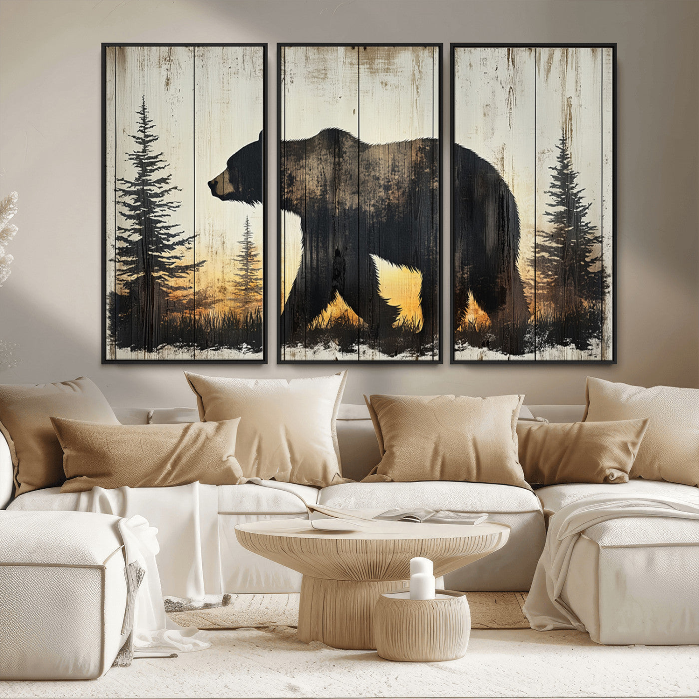 83875-MGV-FC-48X32-3P_Black-Vintage Bear Wall Art Canvas Print for Farmhouse - Mountain Wood Canvas Wall Art - Forest Silhouette