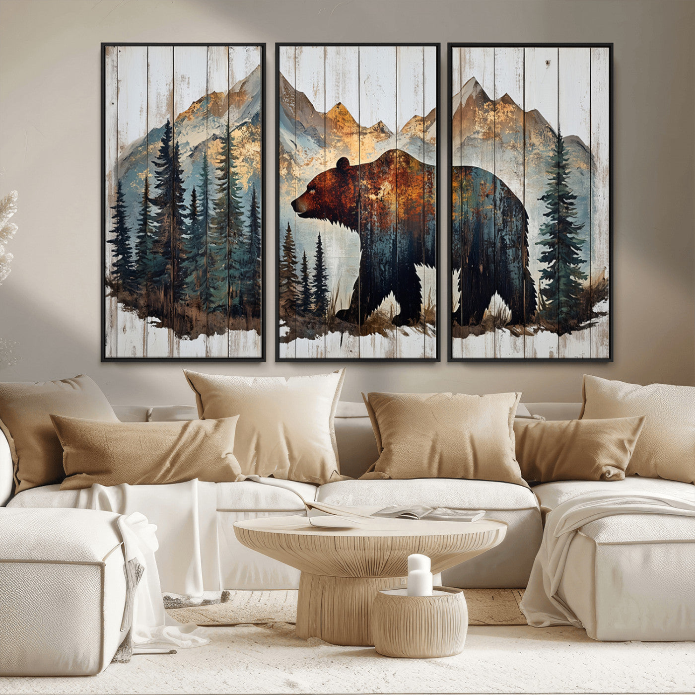 55777-MGV-FC-48X32-3P_Black-Rustic Grizzly 399 Bear and Mountain Wood Canvas Wall Art - Framed Nature Artwork with Forest