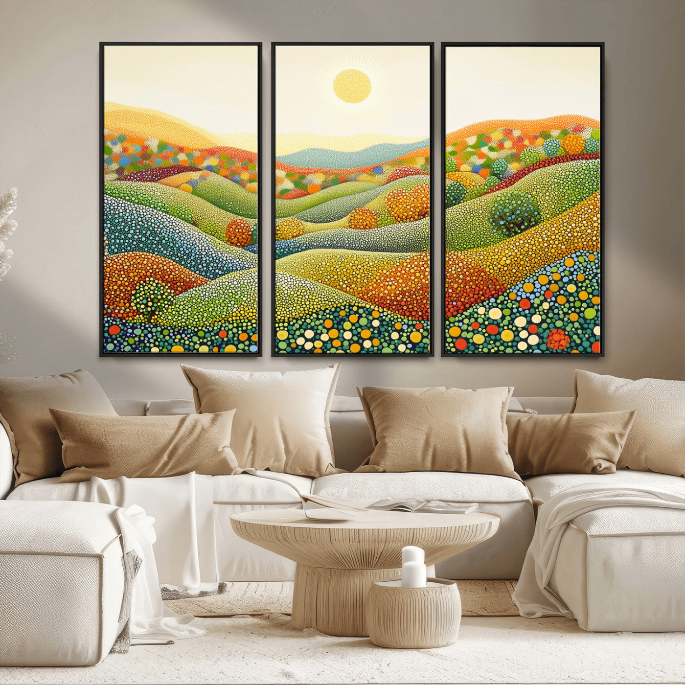 MGV-FC-48X32-3P - YAYOI KUSAMA Colorful Dot Art Landscape Canvas - Framed Abstract Pointillism Inspired by Nature with