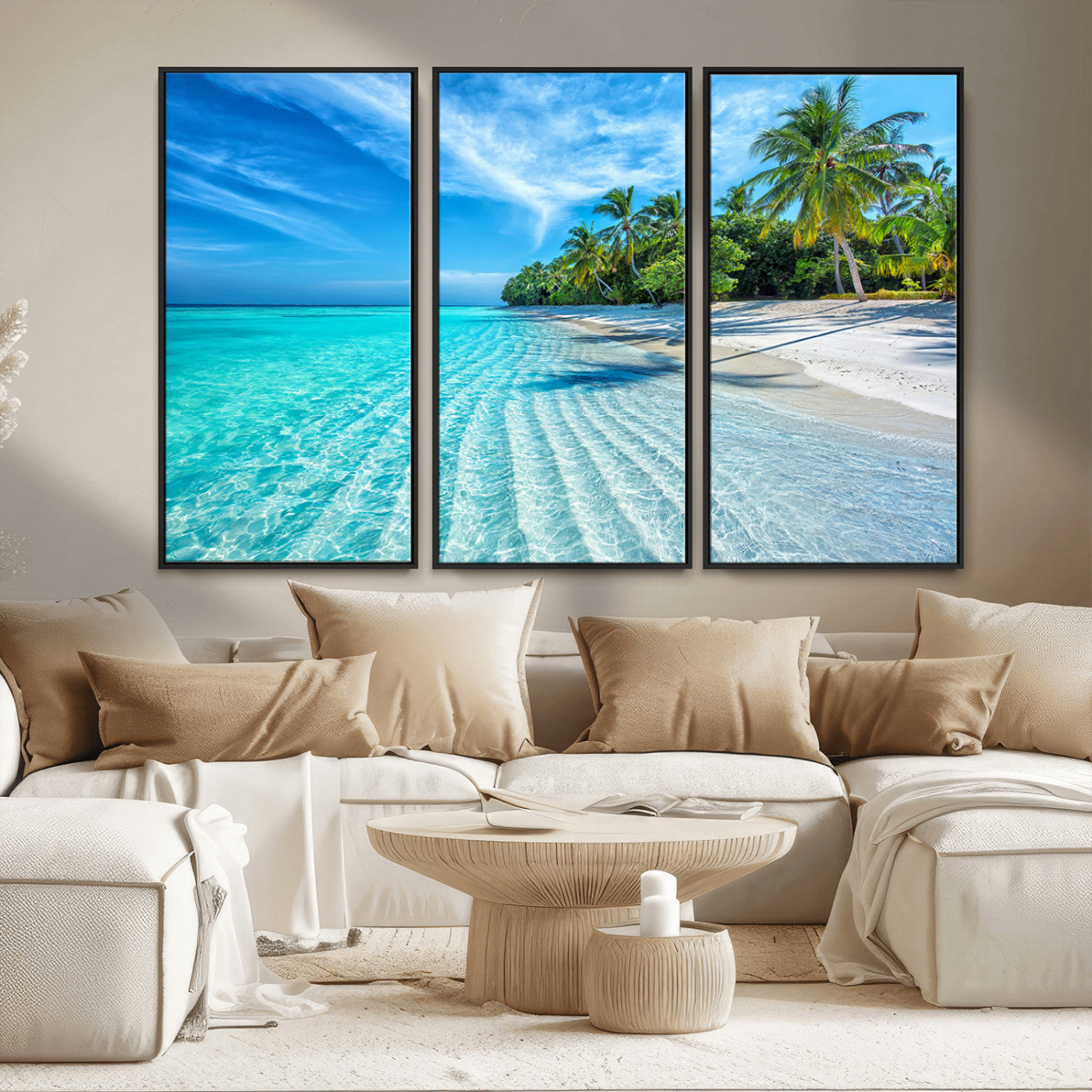 MGV-FC-48X32-3P - Tropical Beach Wall Art Canvas Print - Serene Ocean Landscape with Crystal Clear Turquoise Water and