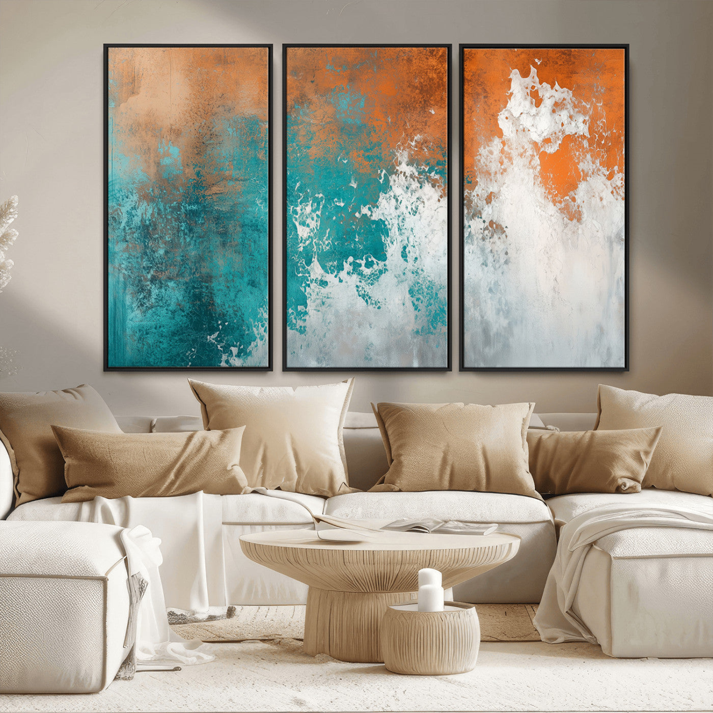 MGV-FC-48X32-3P - Vintage Abstract Print - Bold Teal and Orange Canvas Wall Art - Retro-Vintage Abstract Orange Canvas