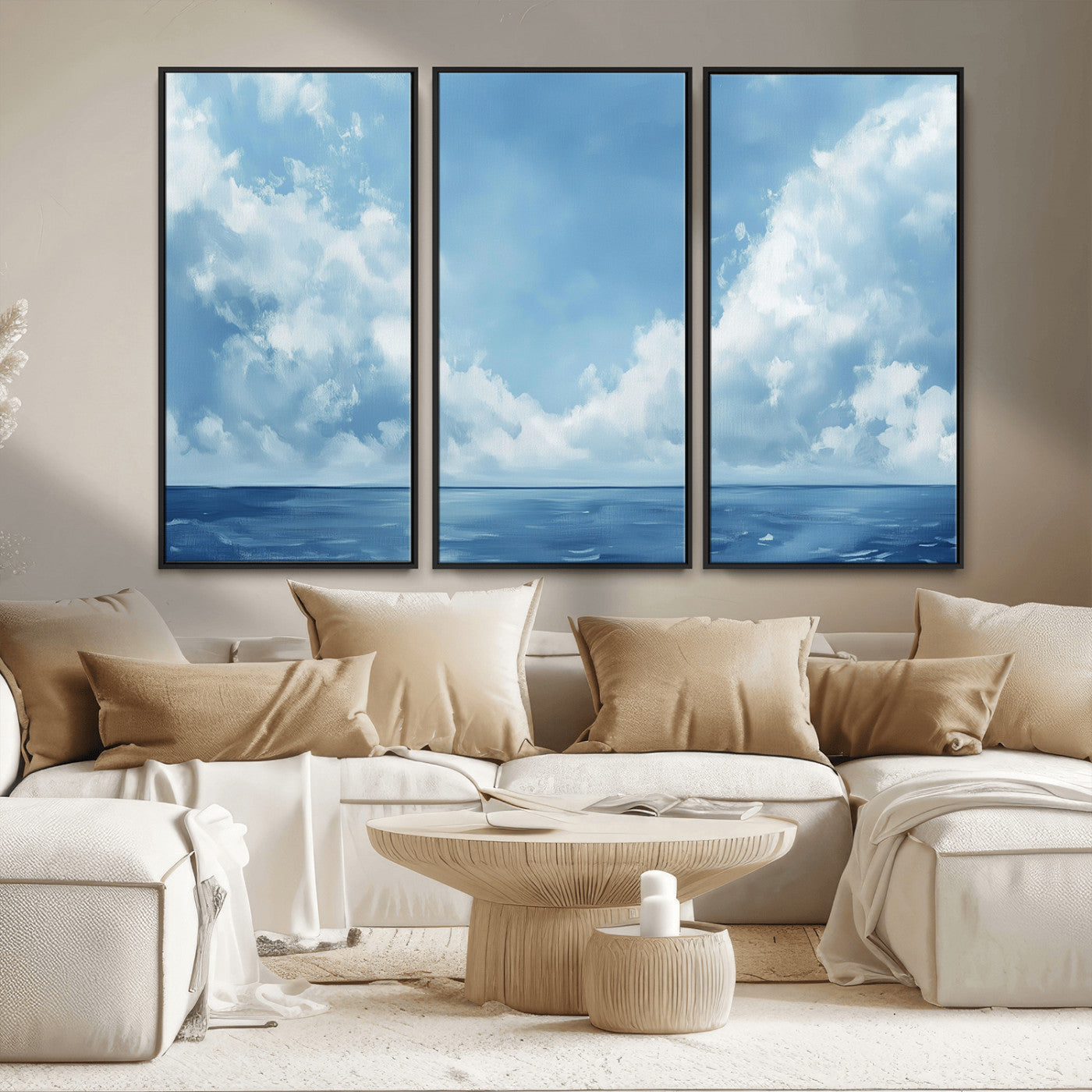 MGV-FC-48X32-3P - Abstract Ocean Print Artwork- Serene Blue Ocean Canvas Wall Art - Minimalist Ocean and Sky Canvas