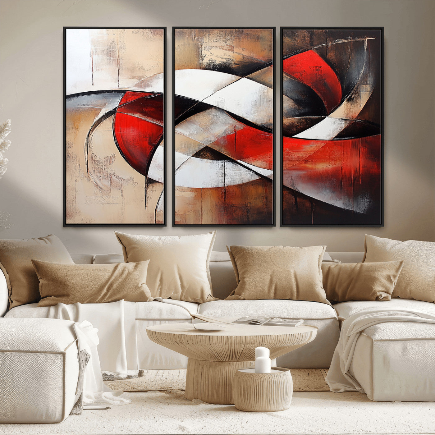MGV-FC-48X32-3P - Abstract Wall Art - Modern Red and White Canvas Wall Art Print - Bold Geometric Abstract Canvas for